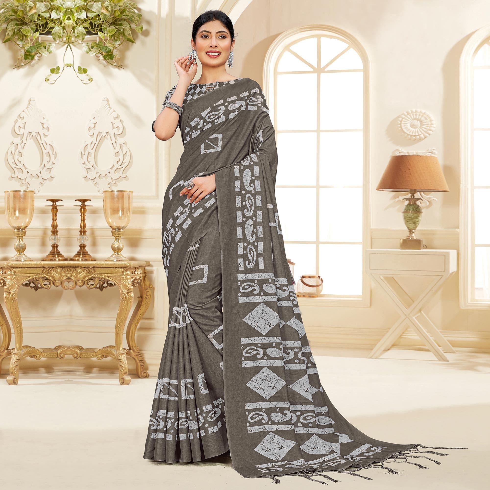 Brown Casual Wear Printed Art Silk Saree - Peachmode