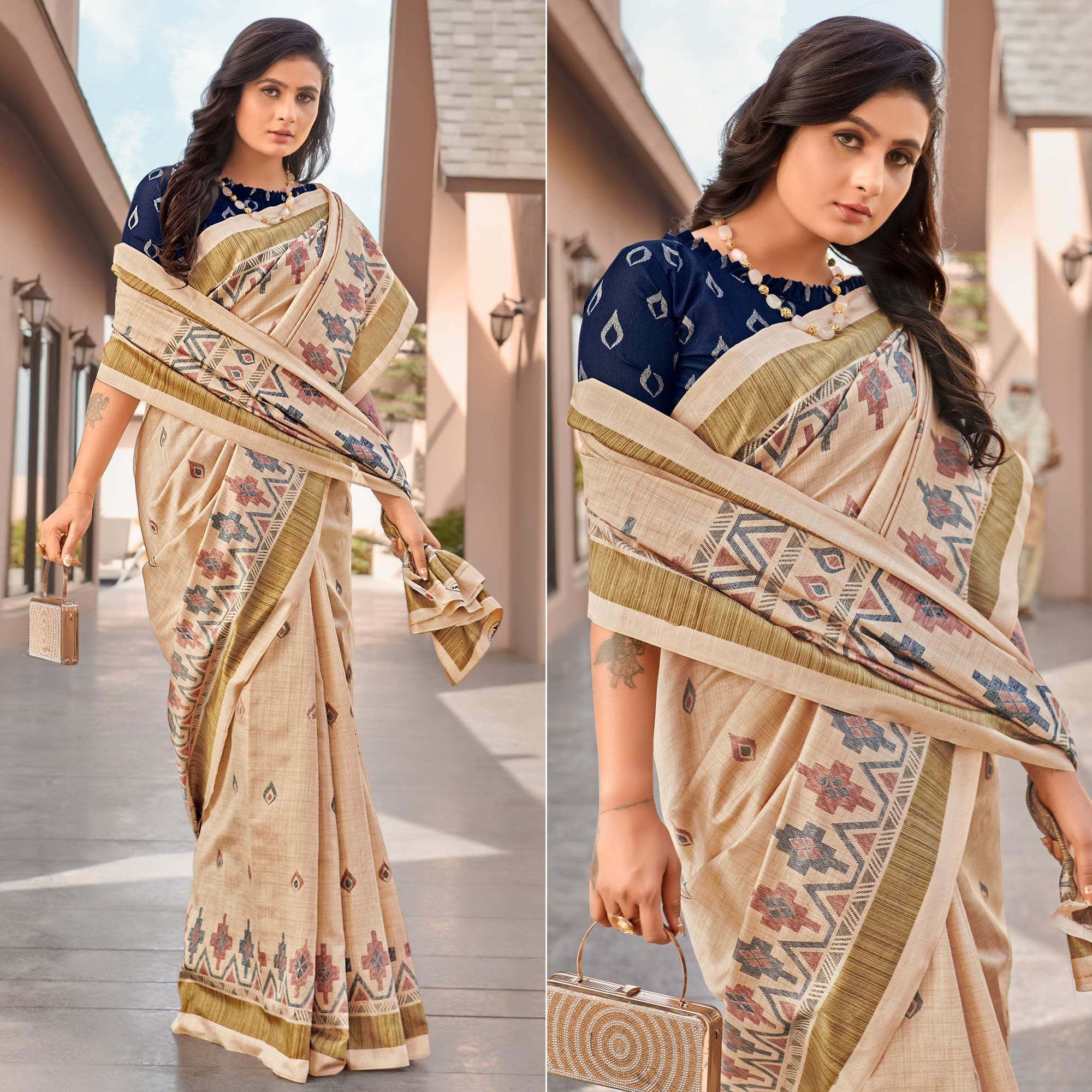 Brown Casual Wear Printed Bhagalpuri Sarees - Peachmode