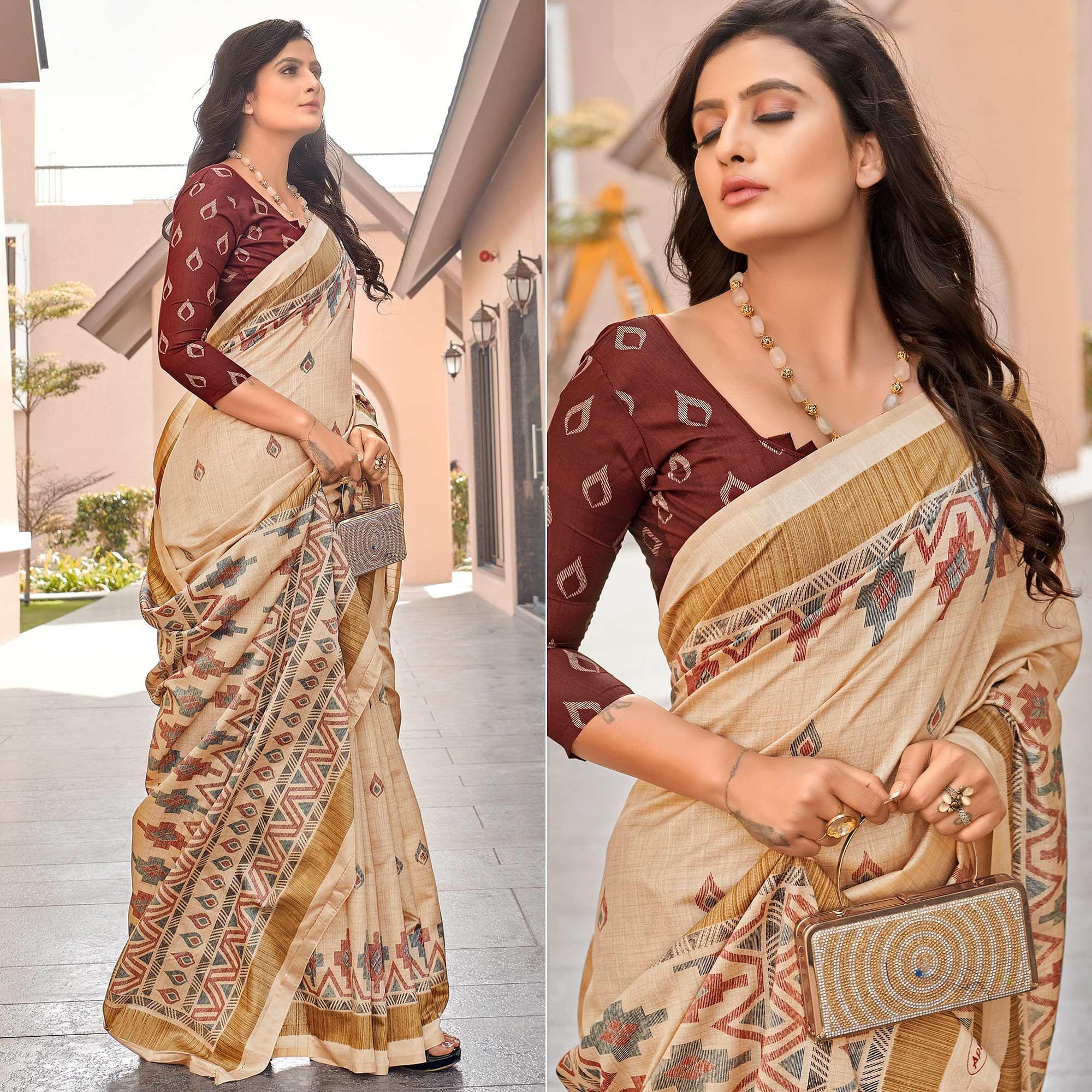 Brown Casual Wear Printed Bhagalpuri Sarees - Peachmode