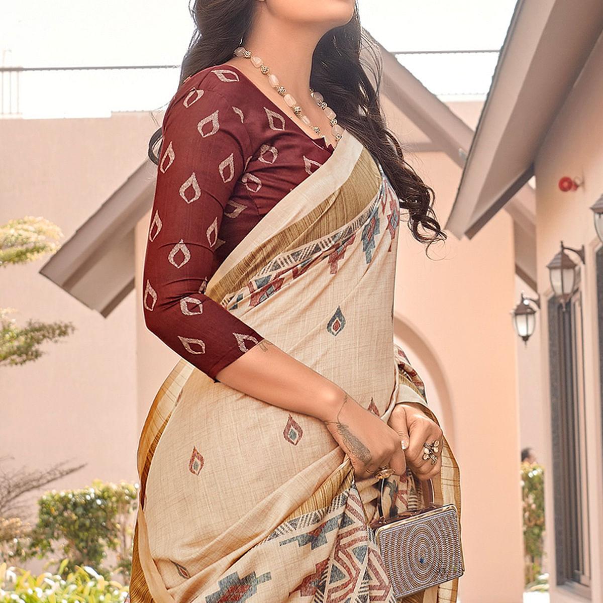 Brown Casual Wear Printed Bhagalpuri Sarees - Peachmode
