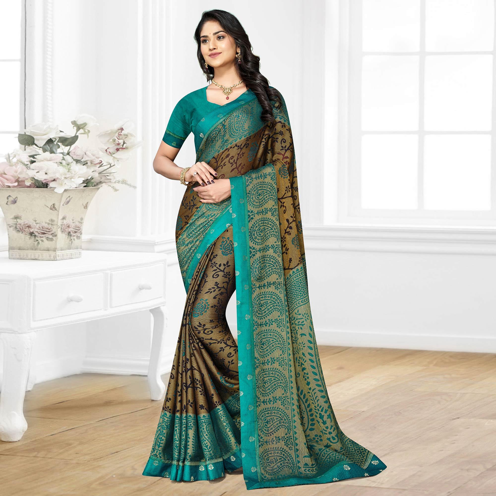 Brown Casual Wear Printed Brasso Chiffon Saree - Peachmode