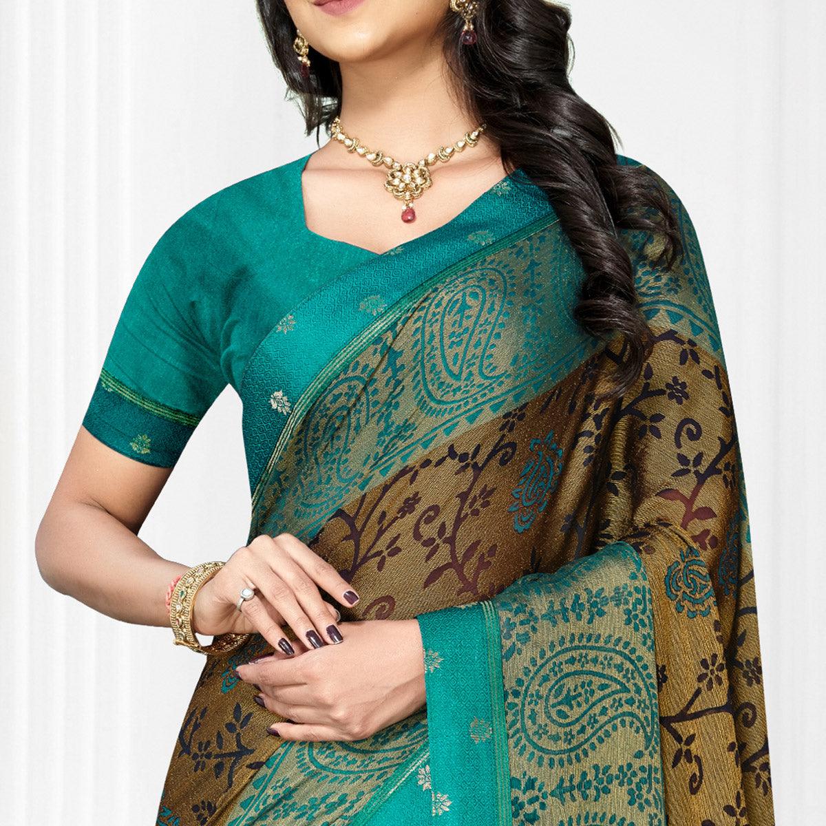 Brown Casual Wear Printed Brasso Chiffon Saree - Peachmode