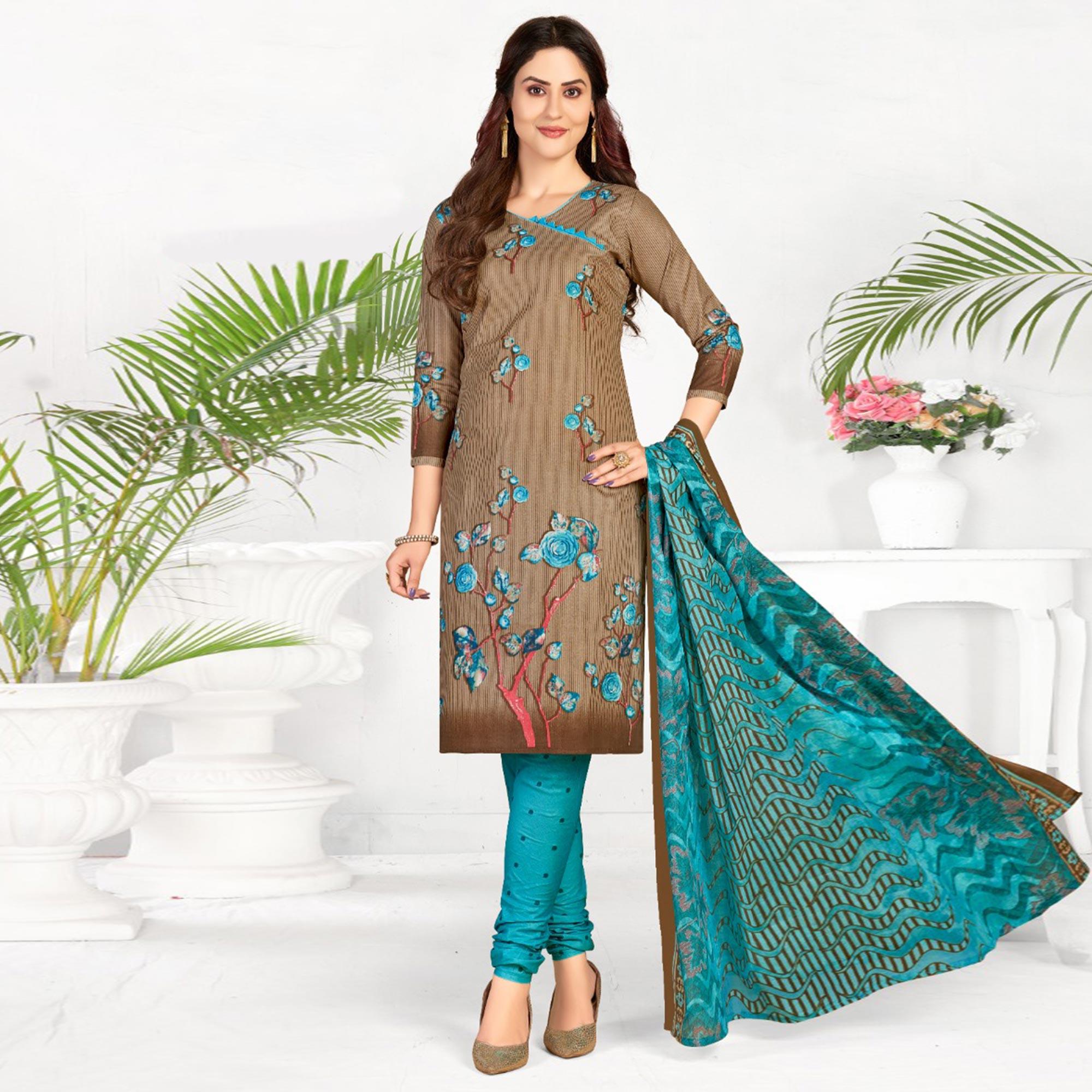 Brown Casual Wear Printed Cotton Dress Material - Peachmode