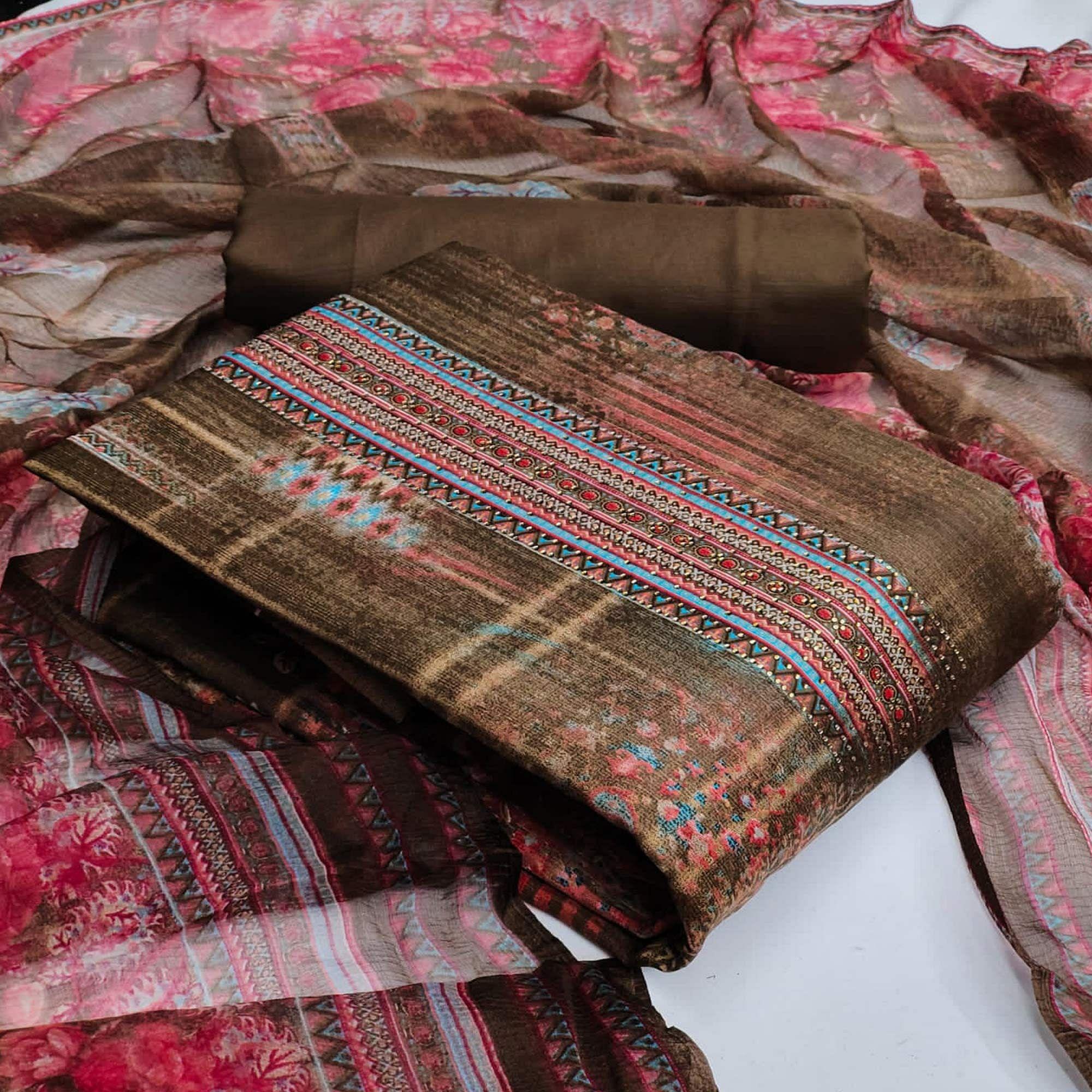 Brown Casual Wear Printed Cotton Dress Material - Peachmode