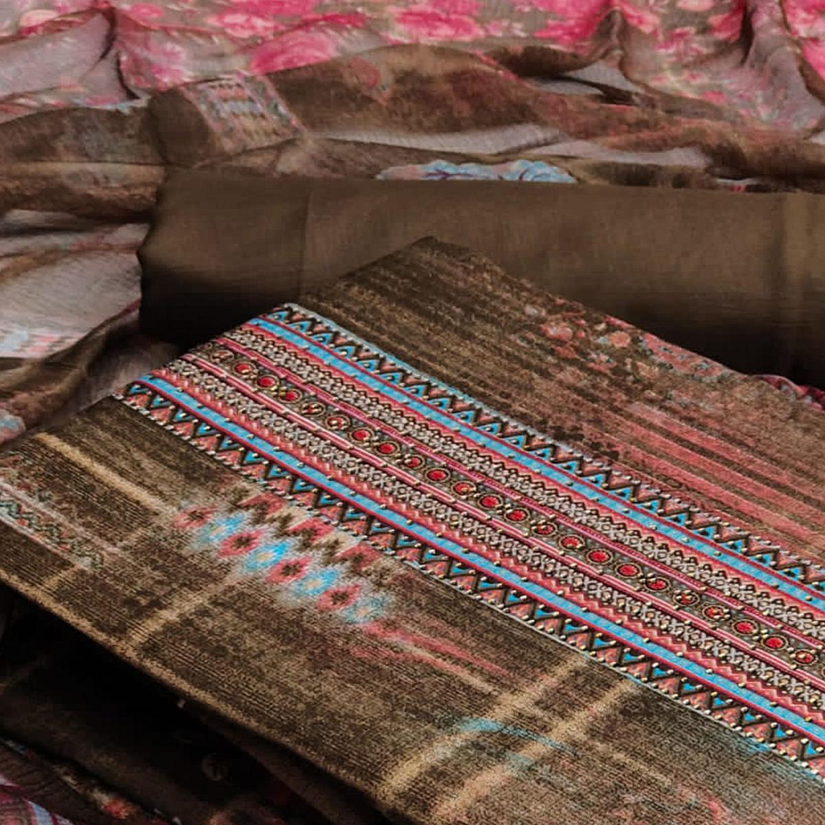 Brown Casual Wear Printed Cotton Dress Material - Peachmode