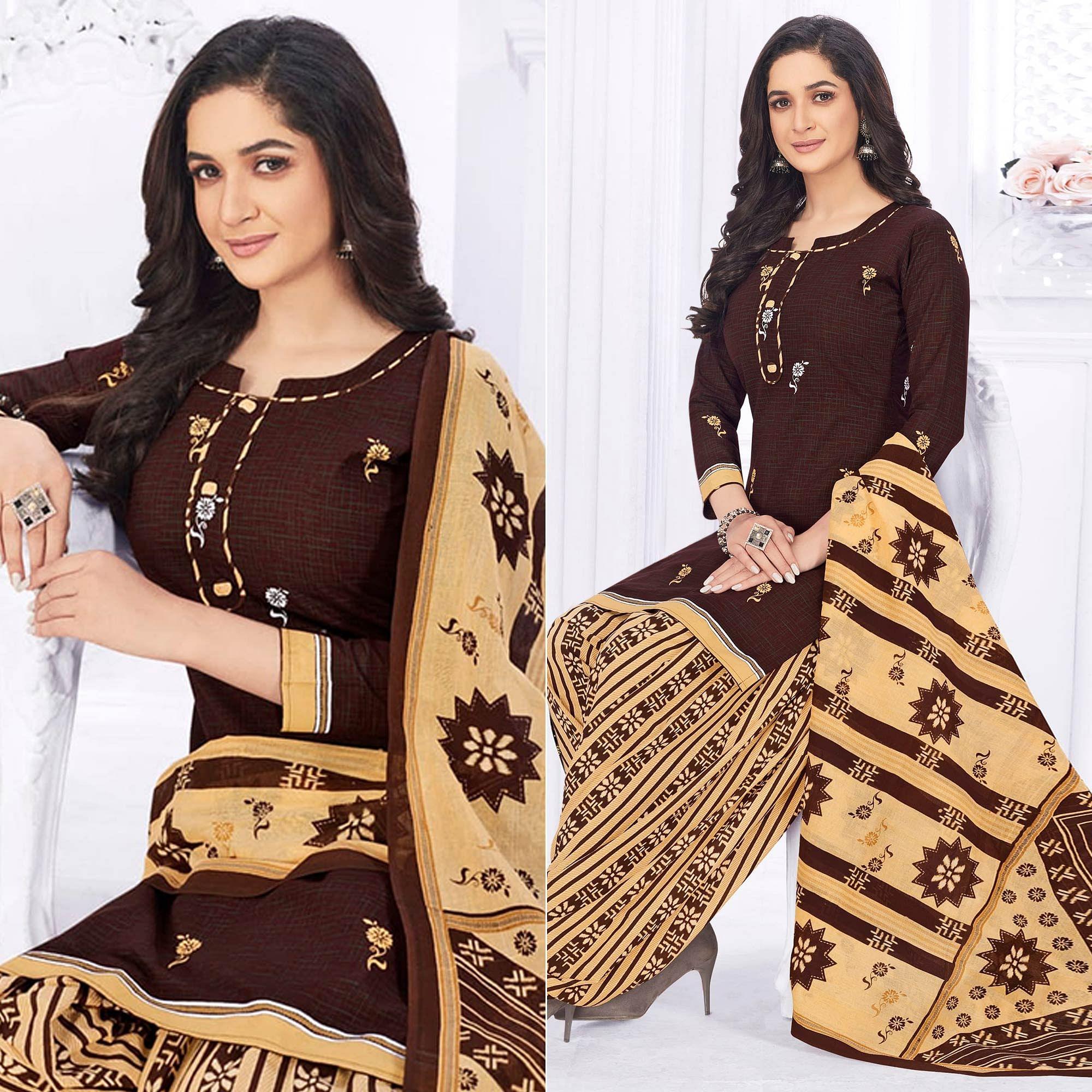 Brown Casual Wear Printed Cotton Dress Material - Peachmode