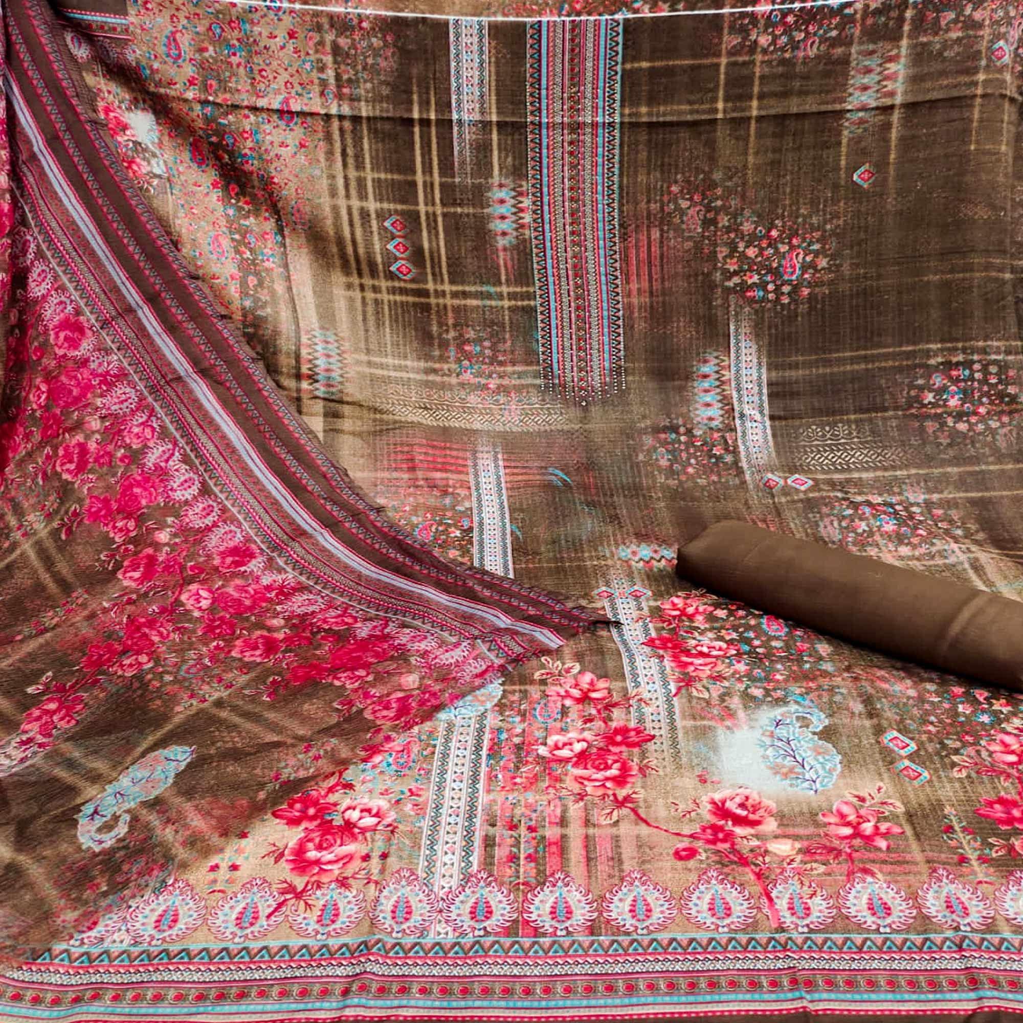 Brown Casual Wear Printed Cotton Dress Material - Peachmode