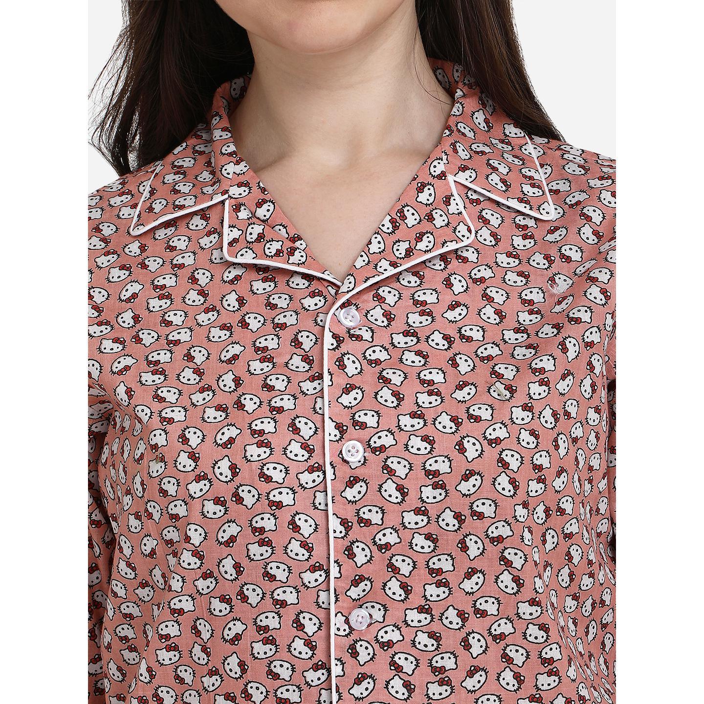 Brown Casual Wear Printed Cotton Night Suit - Peachmode