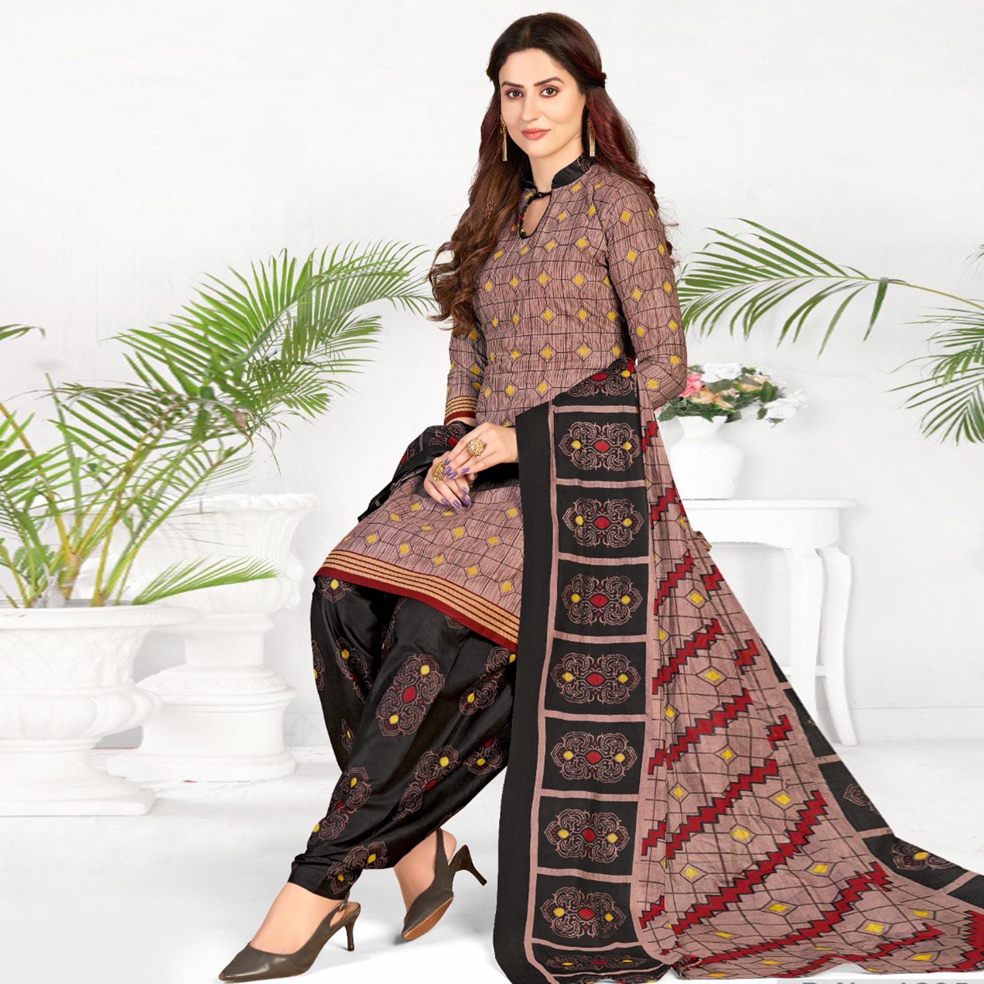 Brown Casual Wear Printed Cotton Patiala Dress Material - Peachmode