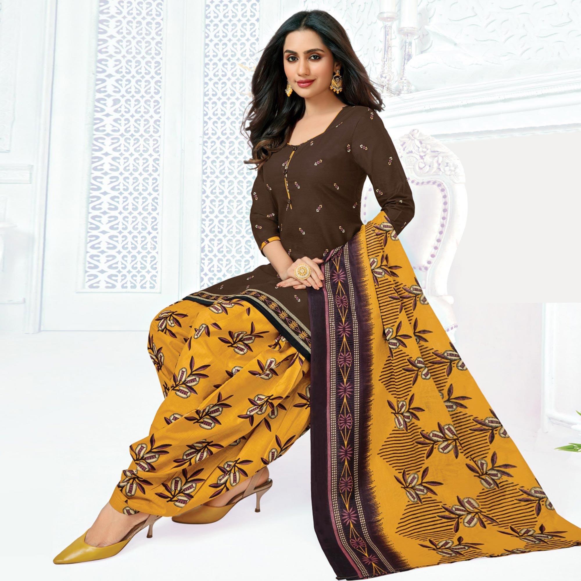 Brown Casual Wear Printed Cotton Patiala Dress Material - Peachmode