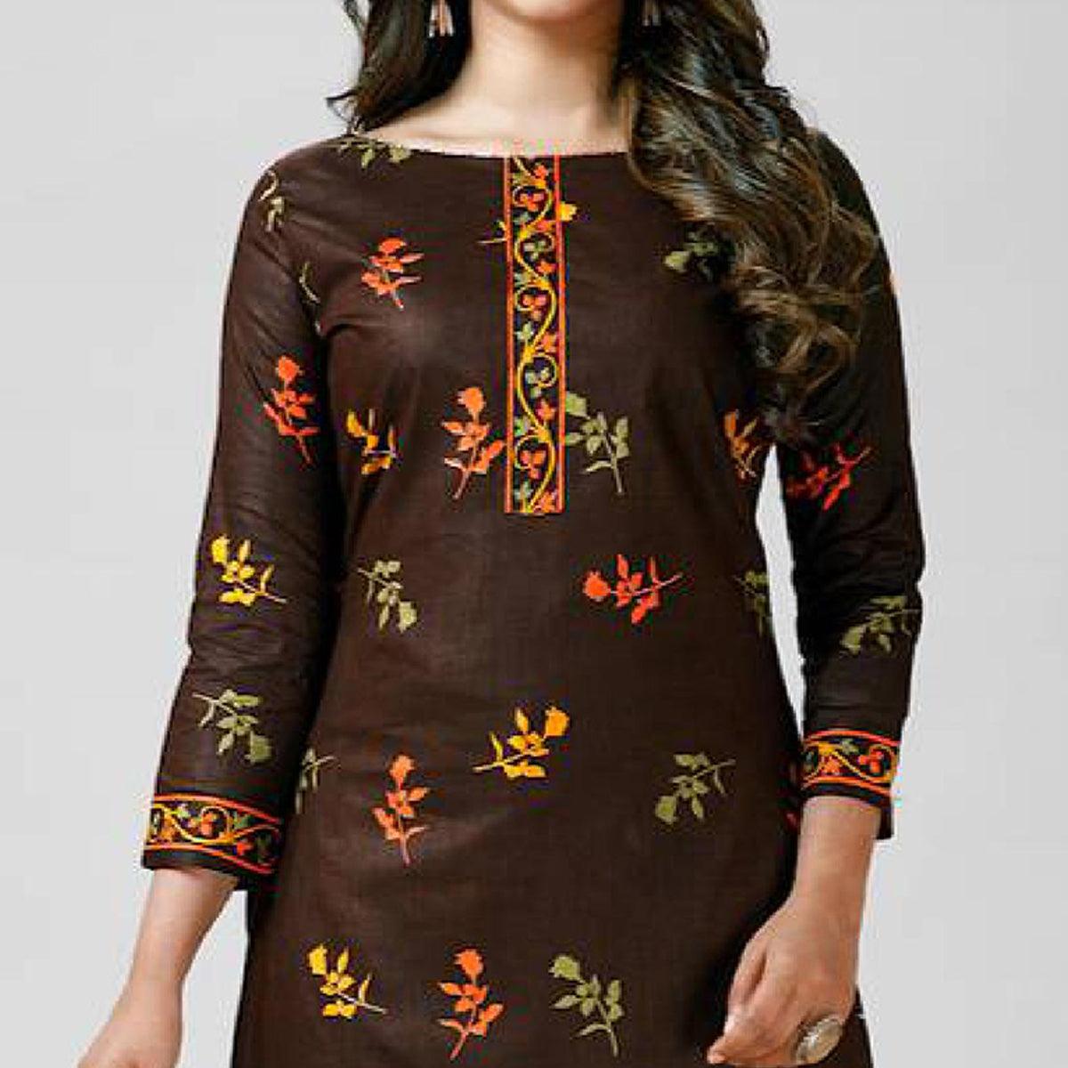Brown Casual Wear Printed Cotton Patiala Dress Material - Peachmode
