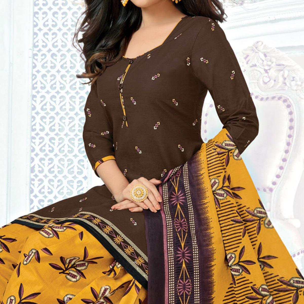Brown Casual Wear Printed Cotton Patiala Dress Material - Peachmode