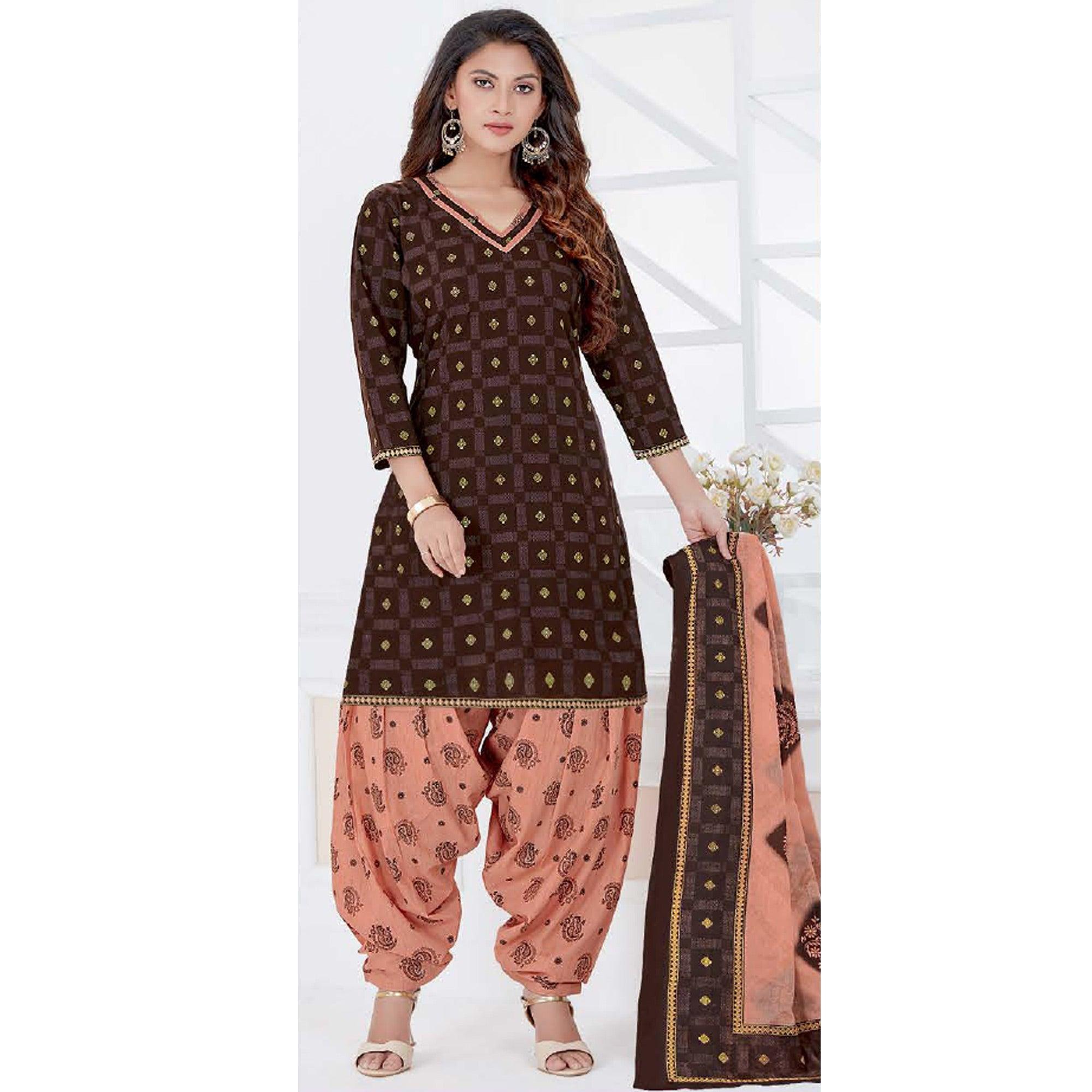 Brown Casual Wear Printed Cotton Patiala Dress Material - Peachmode