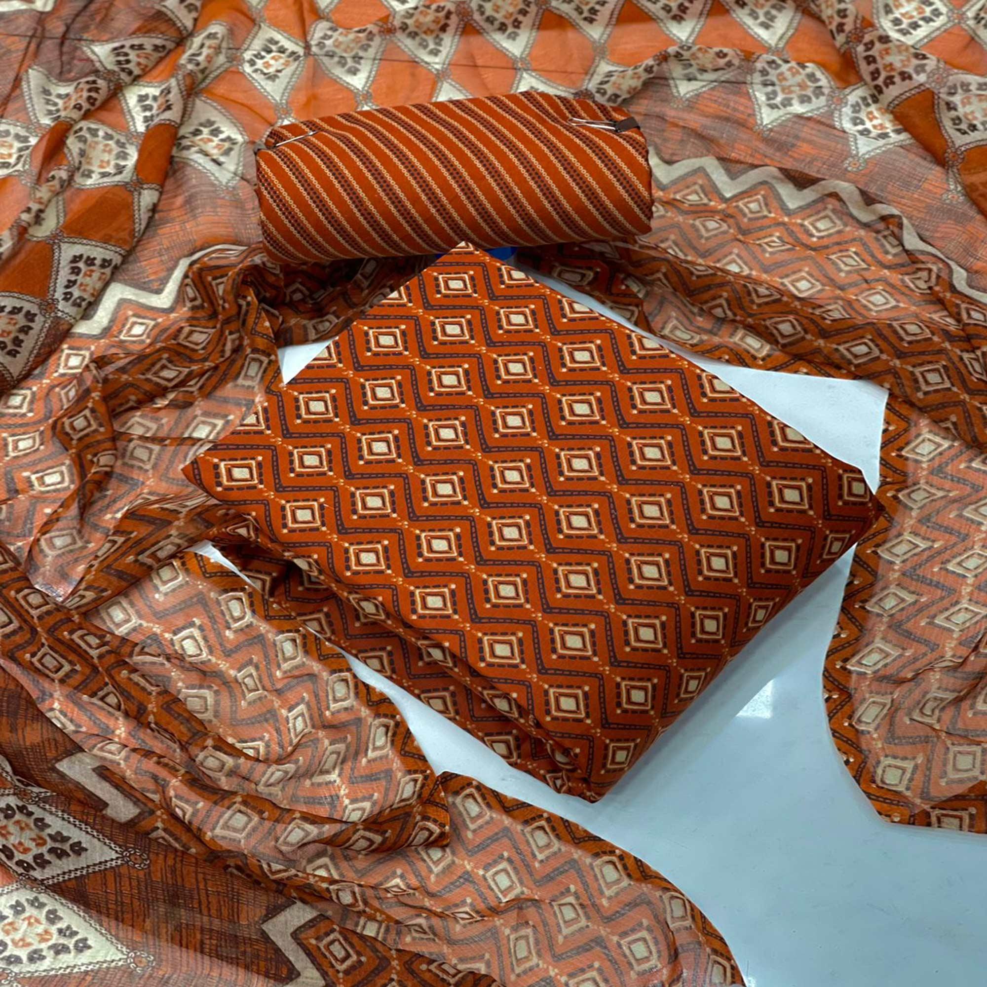 Brown Casual Wear Printed Cotton Patiala Suit - Peachmode