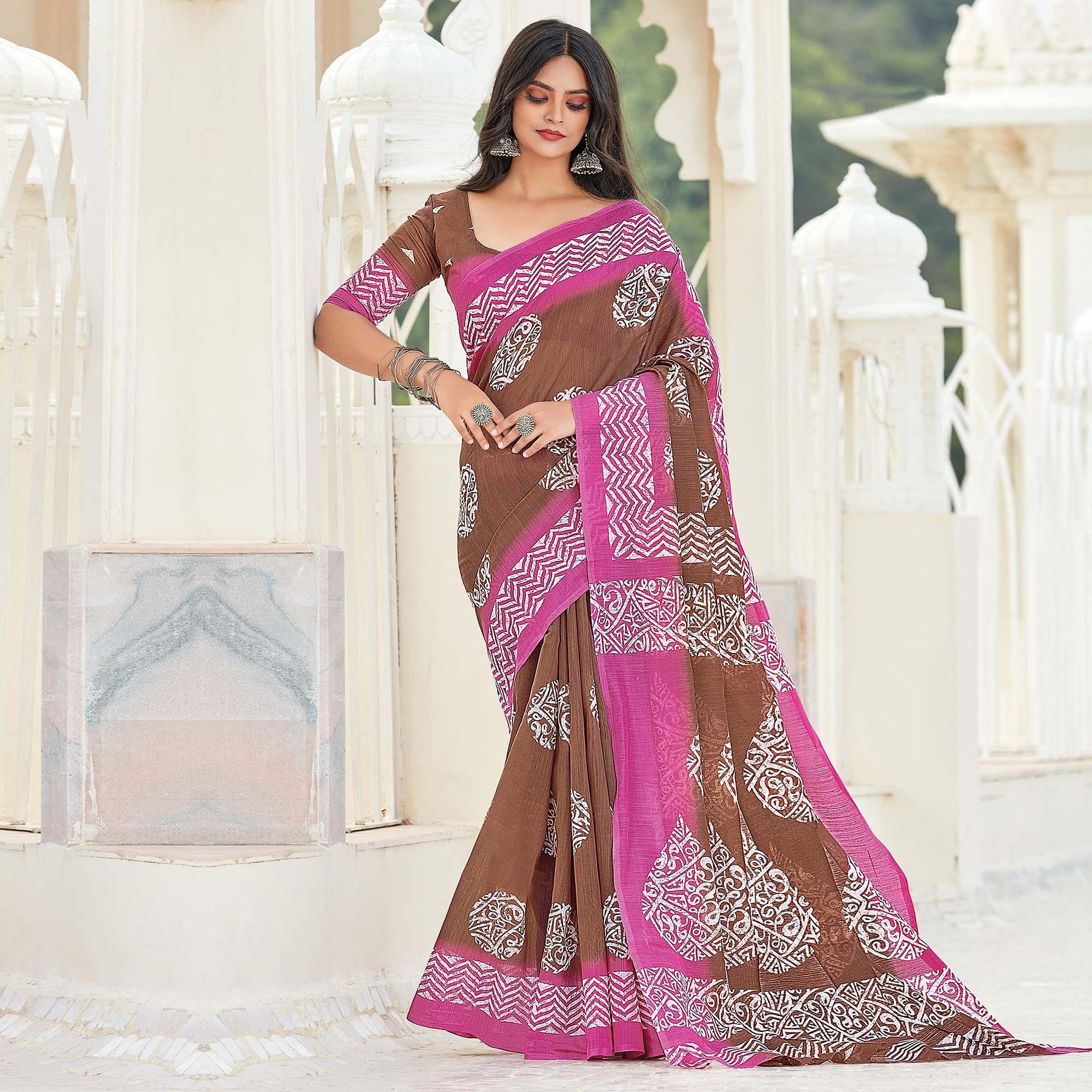 Brown Casual Wear Printed Cotton Saree - Peachmode