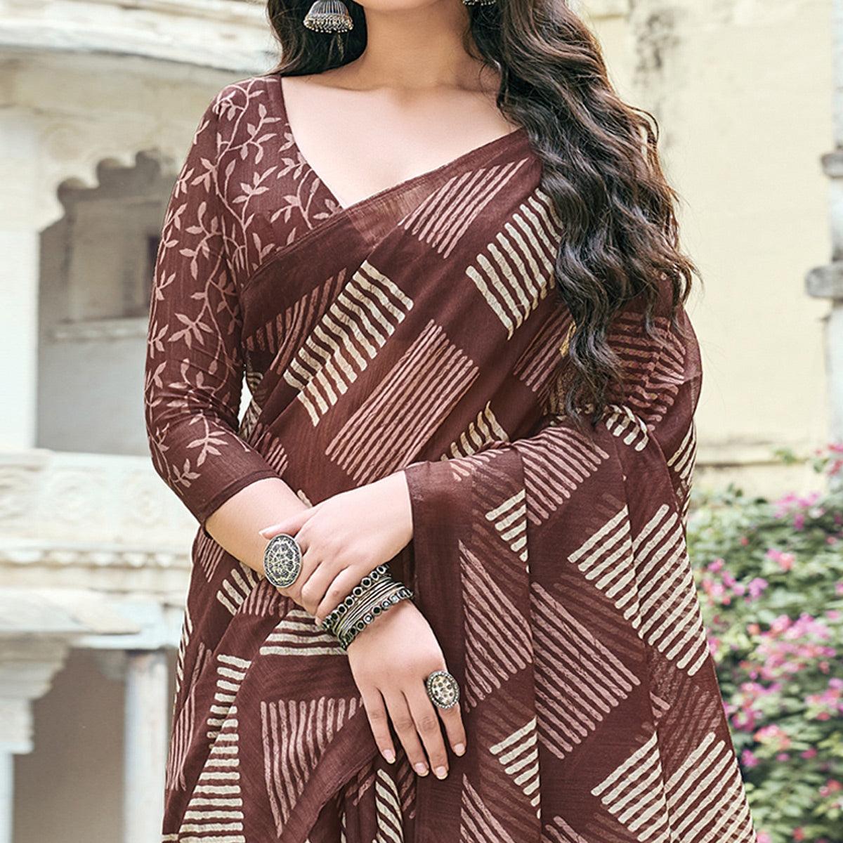 Brown Casual Wear Printed Cotton Saree - Peachmode