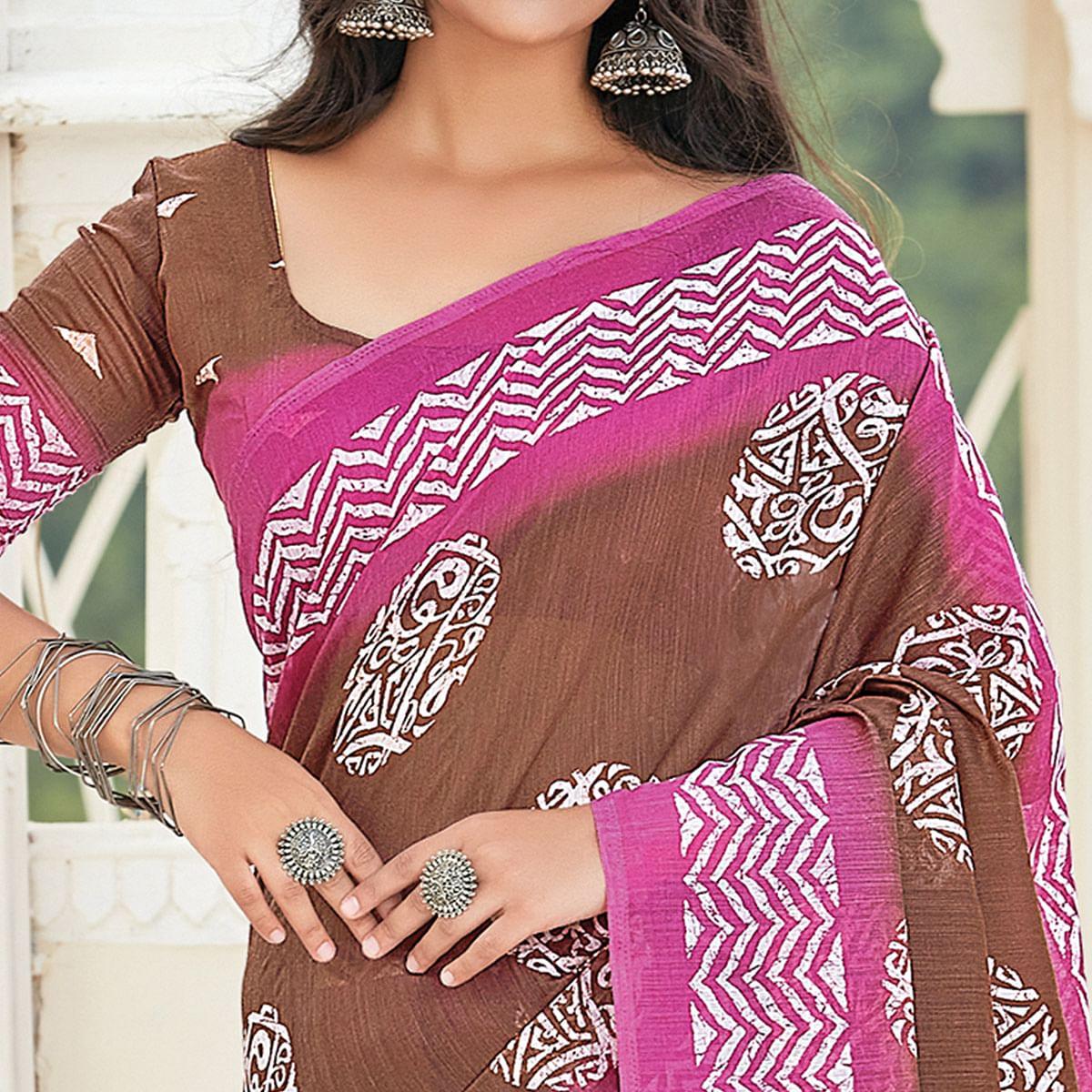 Brown Casual Wear Printed Cotton Saree - Peachmode
