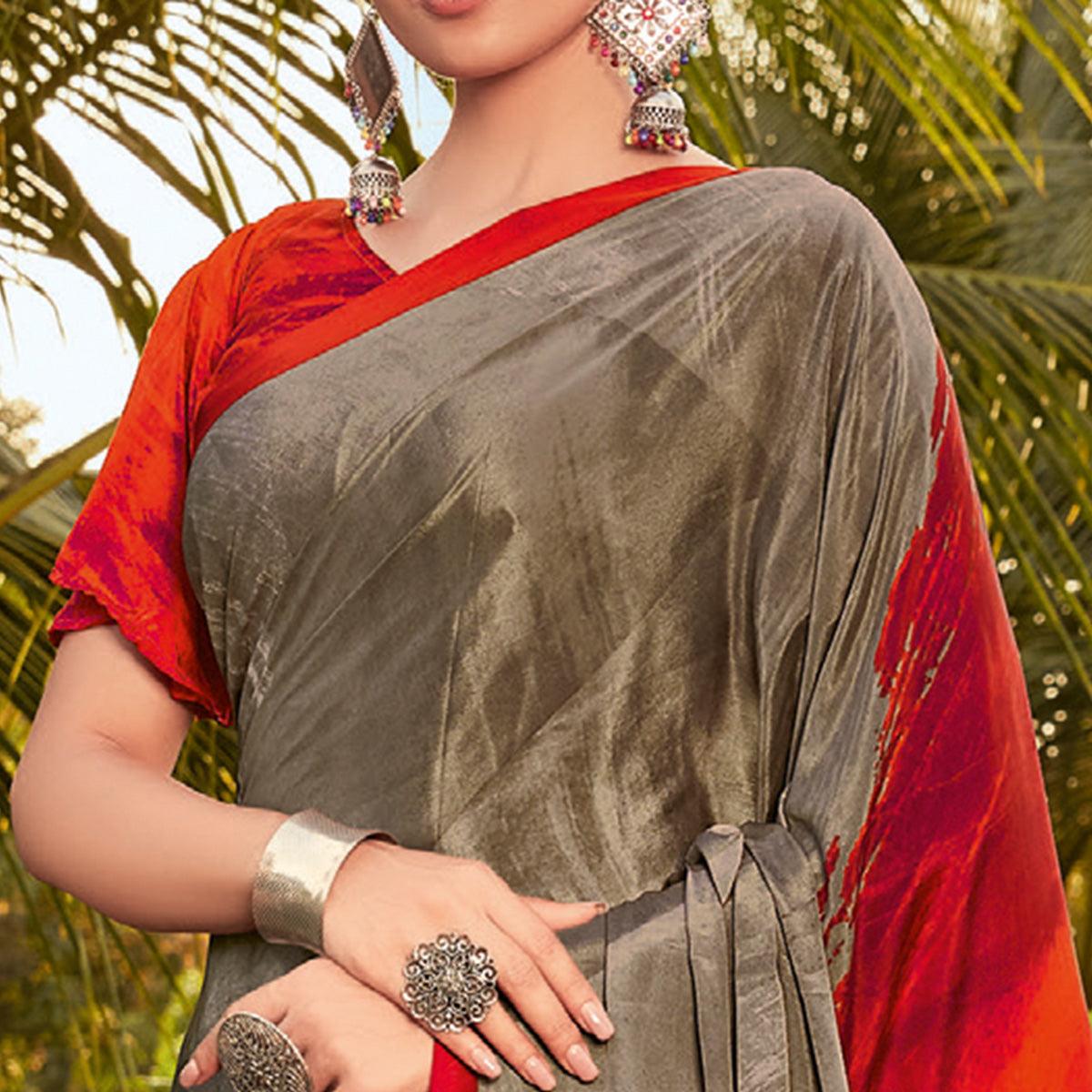 Brown Casual Wear Printed Crepe Saree - Peachmode