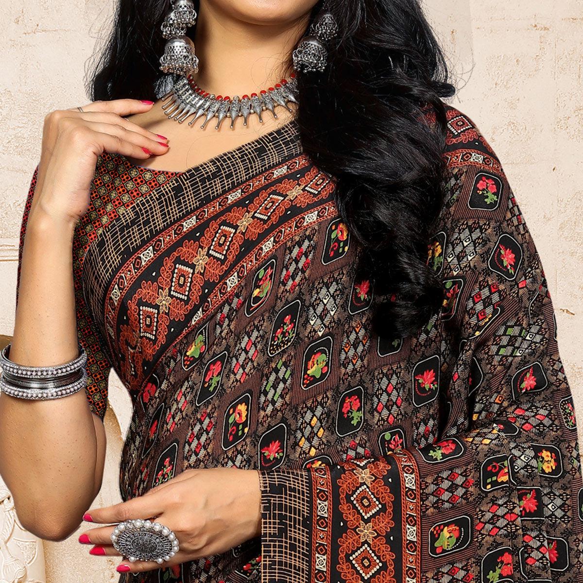 Brown Casual Wear Printed Crepe Saree - Peachmode