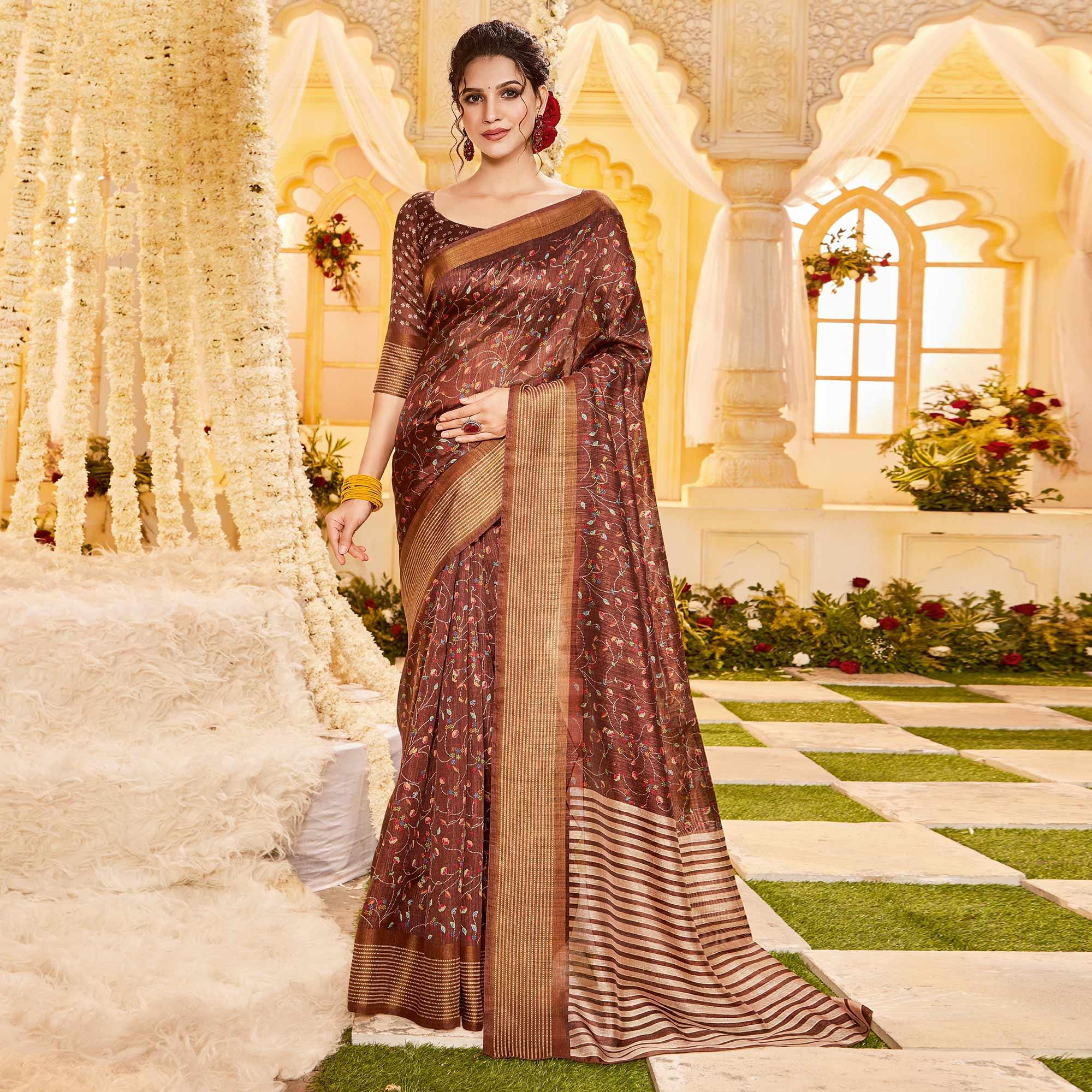 Brown Casual Wear Printed Crystal Silk Saree - Peachmode