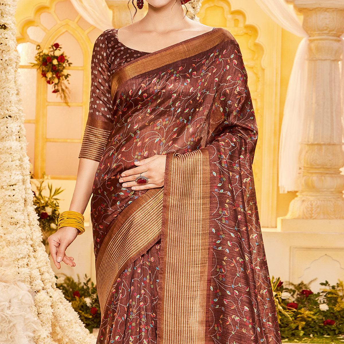 Brown Casual Wear Printed Crystal Silk Saree - Peachmode