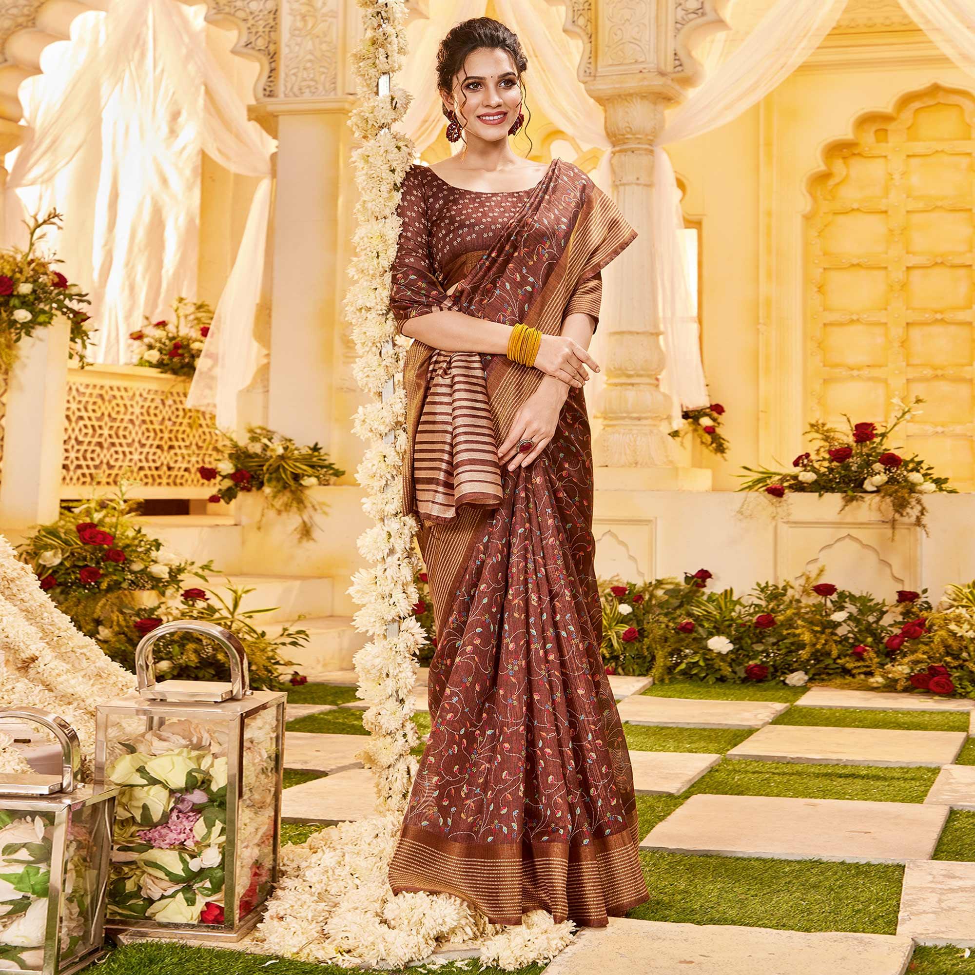 Brown Casual Wear Printed Crystal Silk Saree - Peachmode