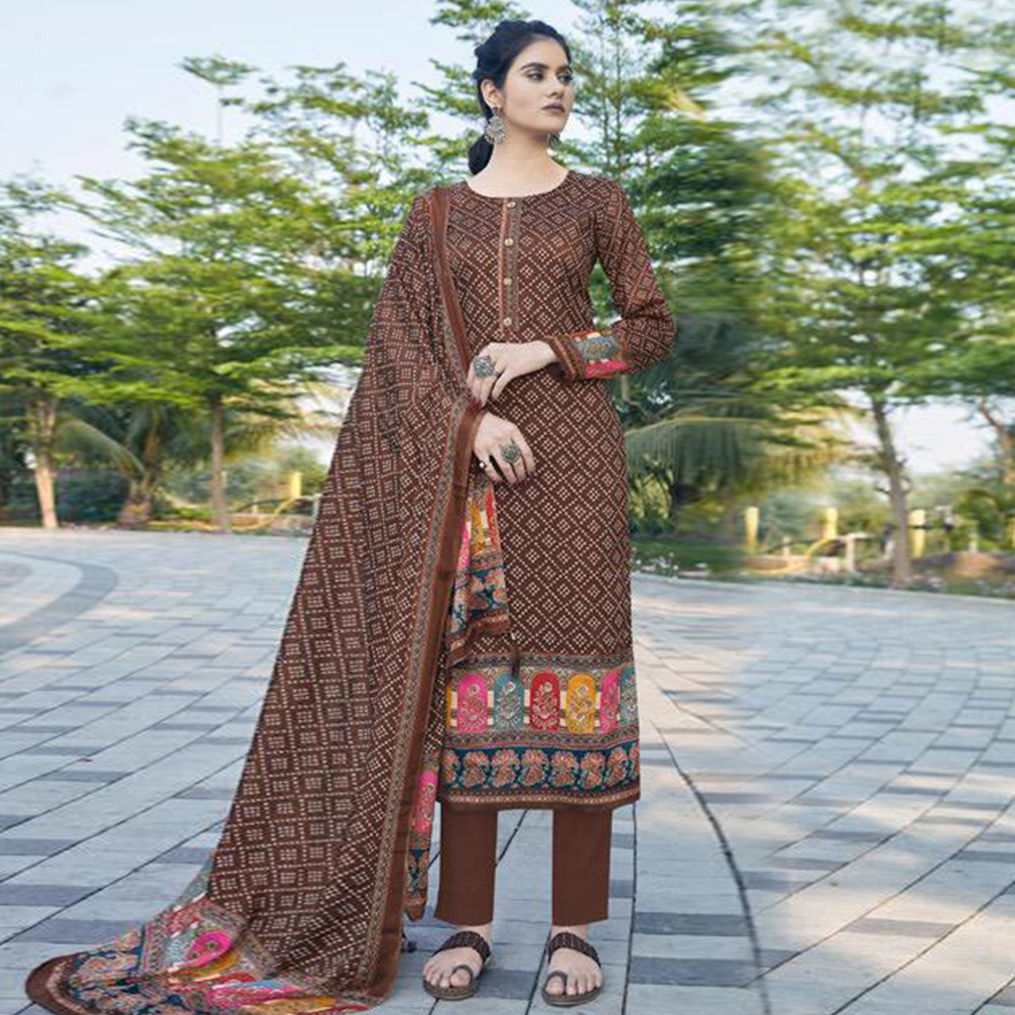 Brown Casual Wear Printed Jam Satin Suit - Peachmode