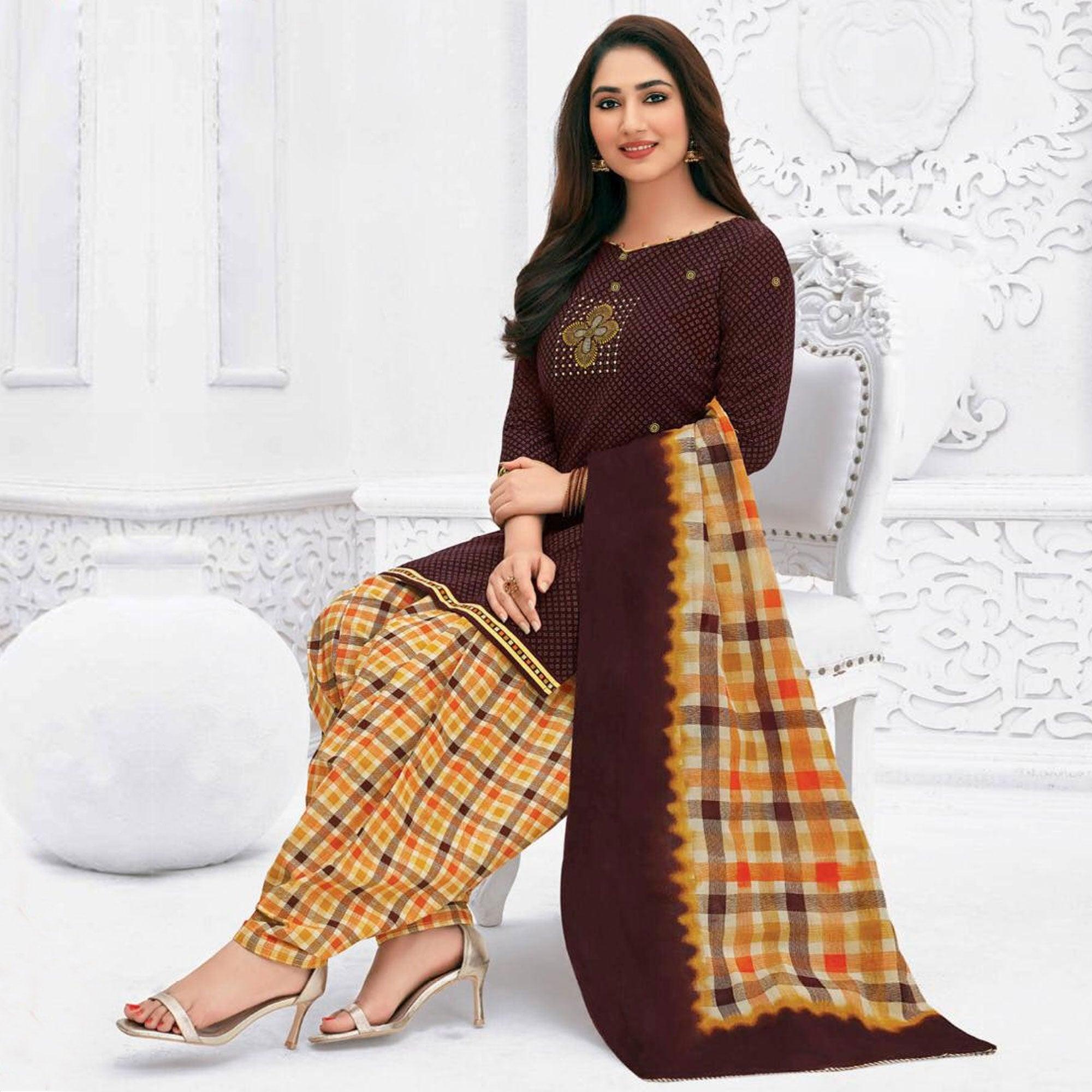 Brown Casual Wear Printed Leon Patiala Dress Material - Peachmode