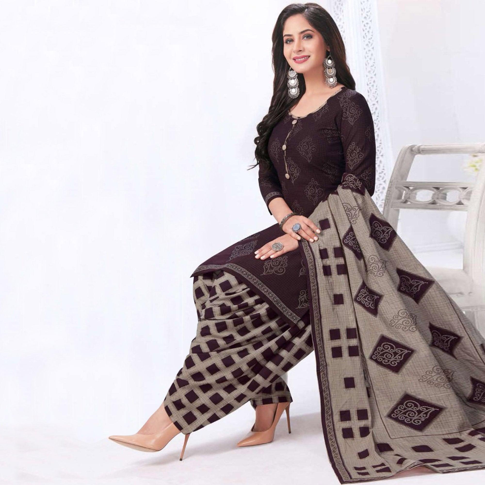 Brown Casual Wear Printed Leon Patiala Dress Material - Peachmode