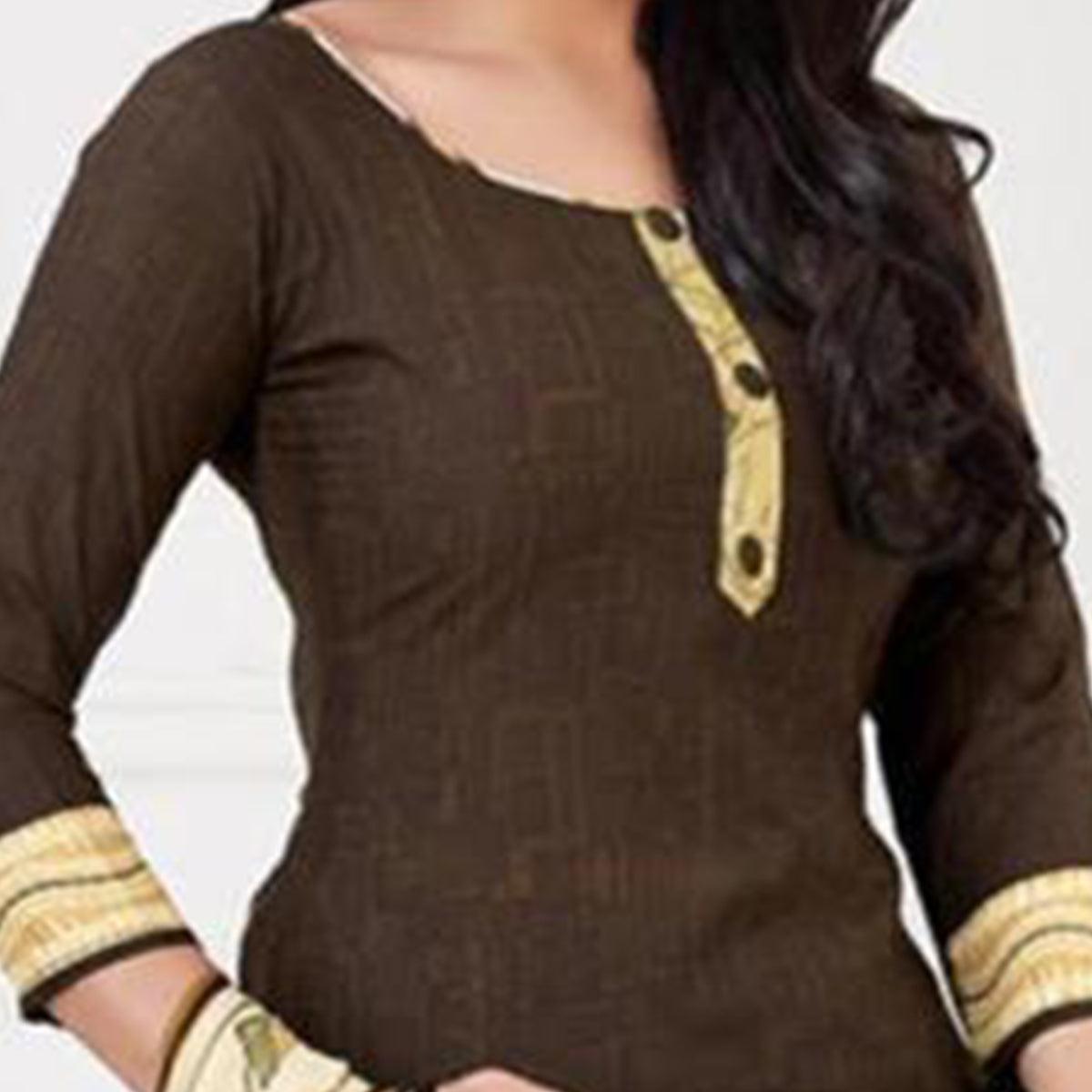 Brown Casual Wear Printed Leon Patiala Dress Material - Peachmode