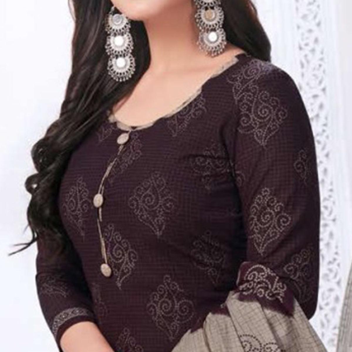 Brown Casual Wear Printed Leon Patiala Dress Material - Peachmode