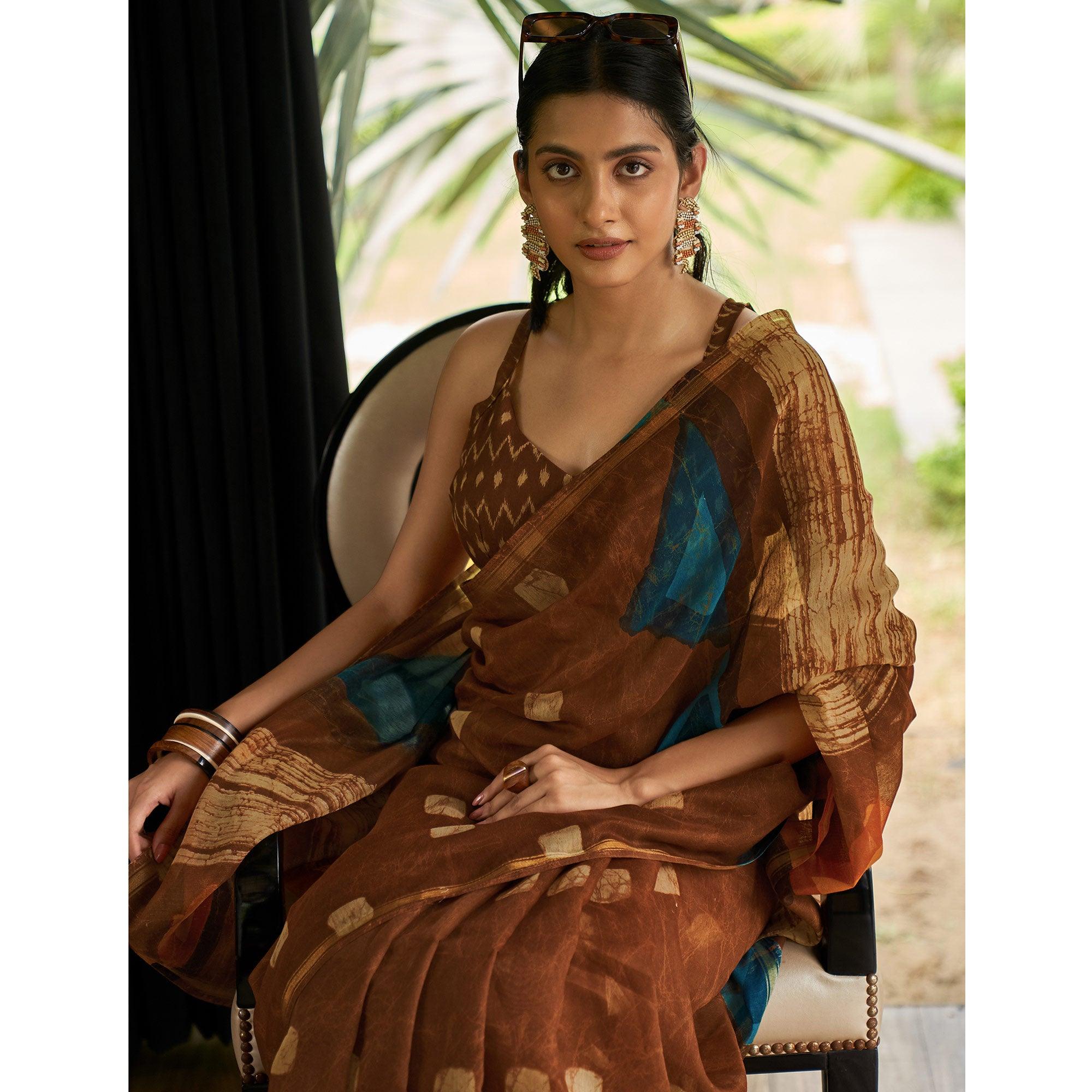 Brown Casual Wear Printed Linen Saree - Peachmode