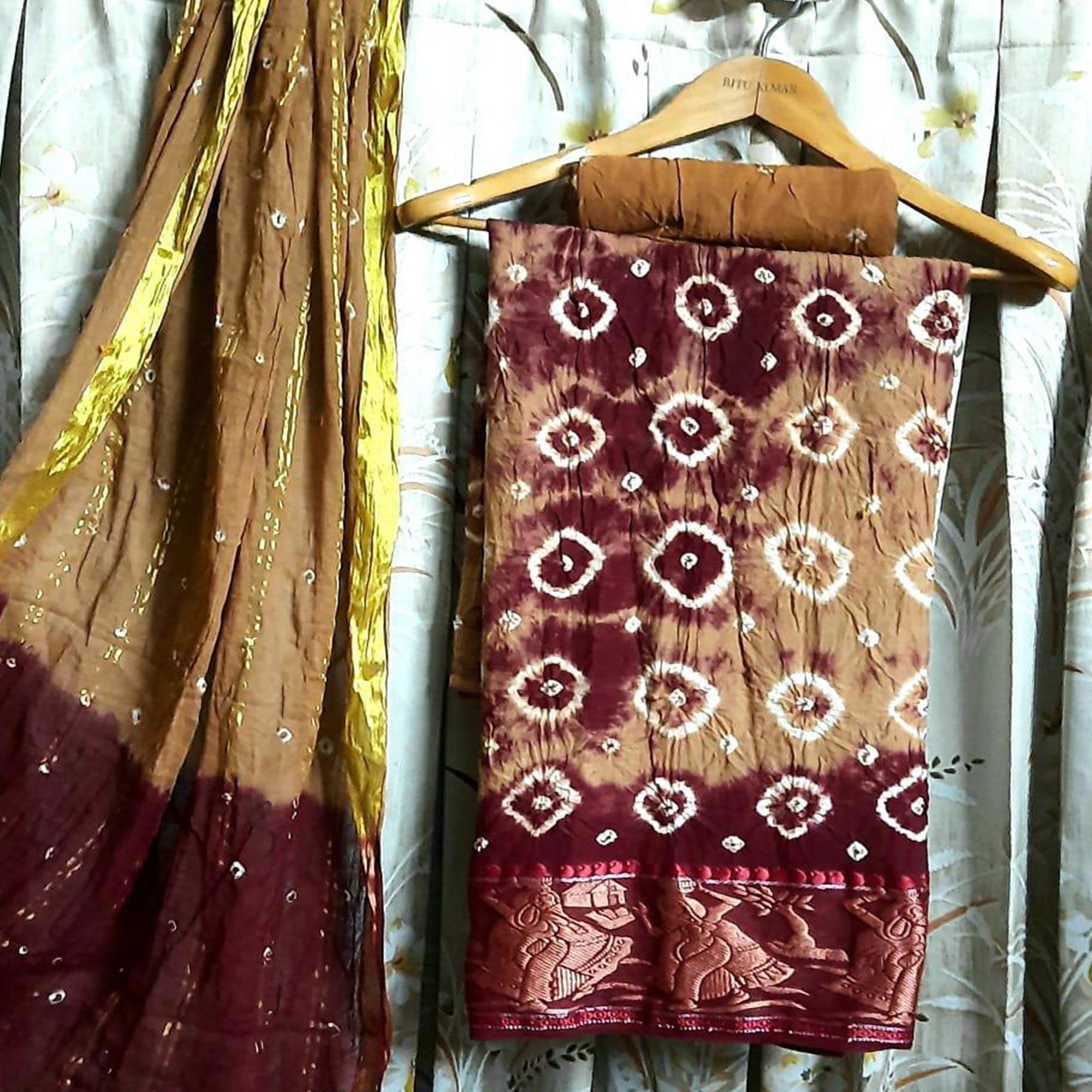 Brown Casual Wear Printed Pure Cotton Dress Material - Peachmode