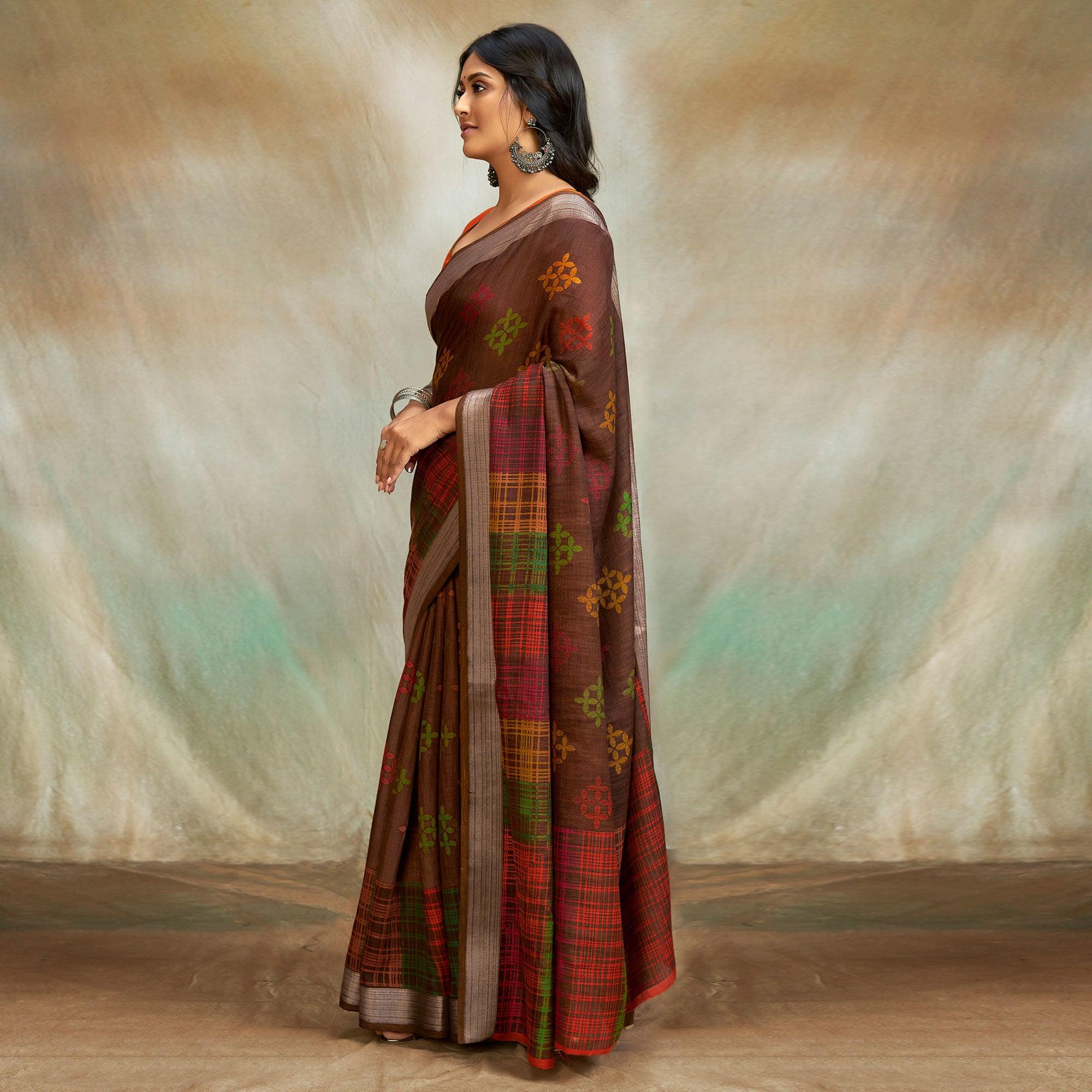 Brown Casual Wear Printed Pure Linen Saree - Peachmode
