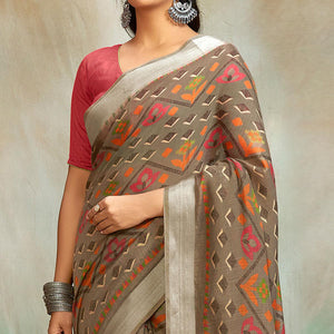 Brown Casual Wear Printed Pure Linen Saree - Peachmode