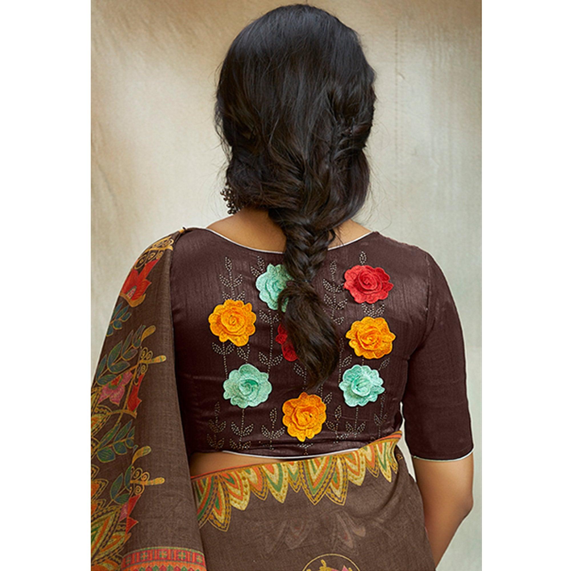 Brown Casual Wear Printed Pure Linen Saree - Peachmode