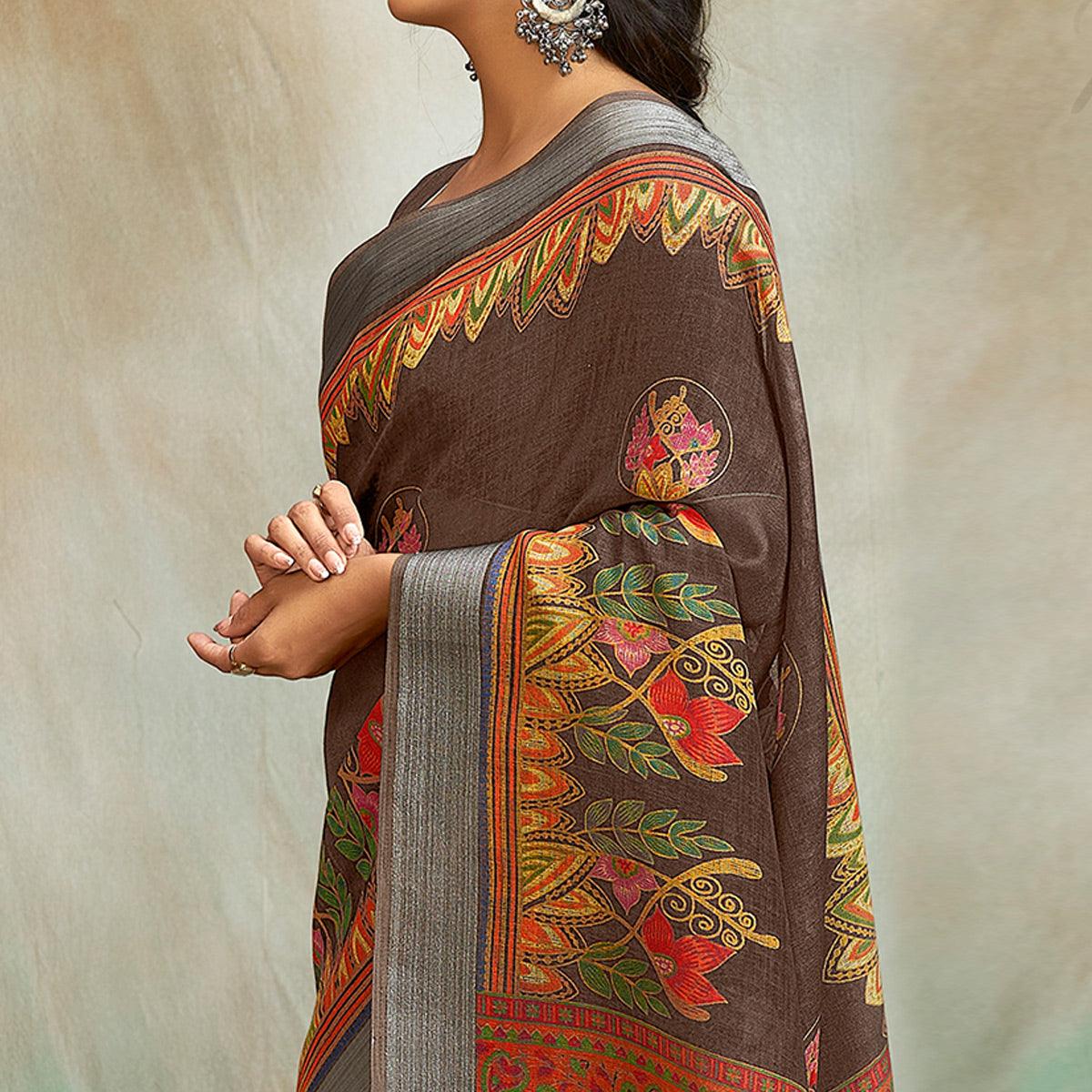 Brown Casual Wear Printed Pure Linen Saree - Peachmode