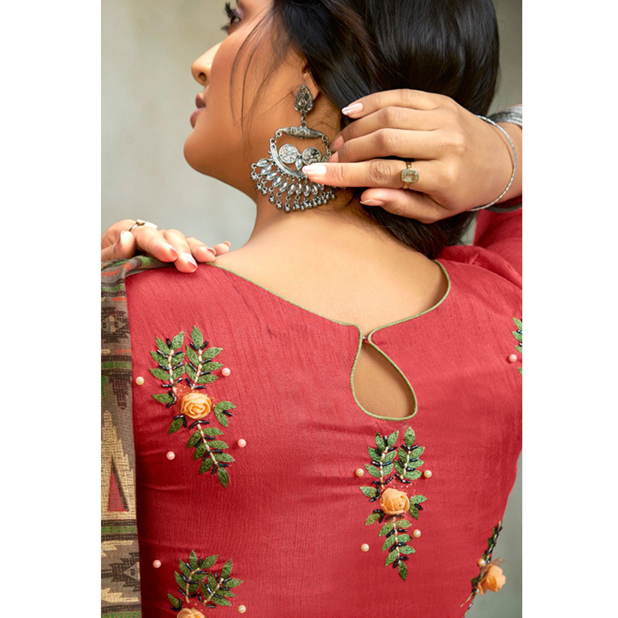 Brown Casual Wear Printed Pure Linen Saree - Peachmode