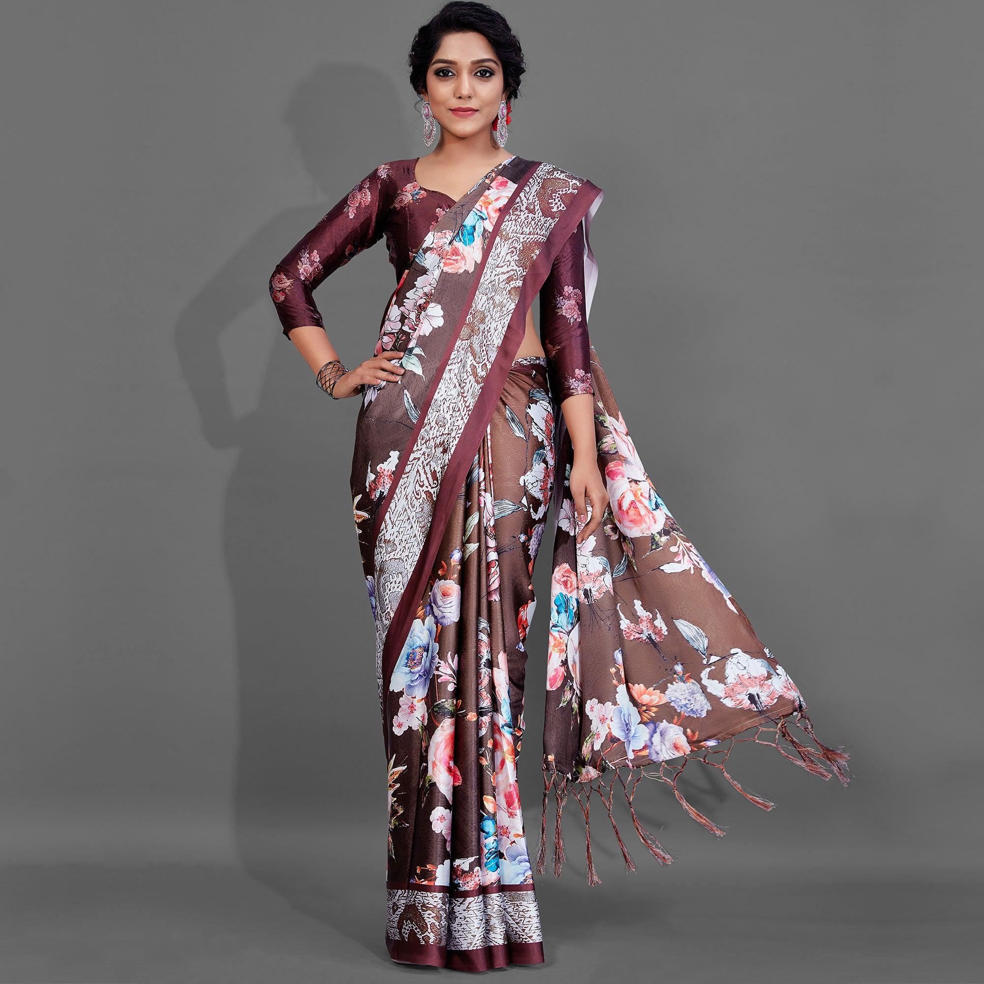 Brown Casual Wear Printed Satin Silk Saree - Peachmode