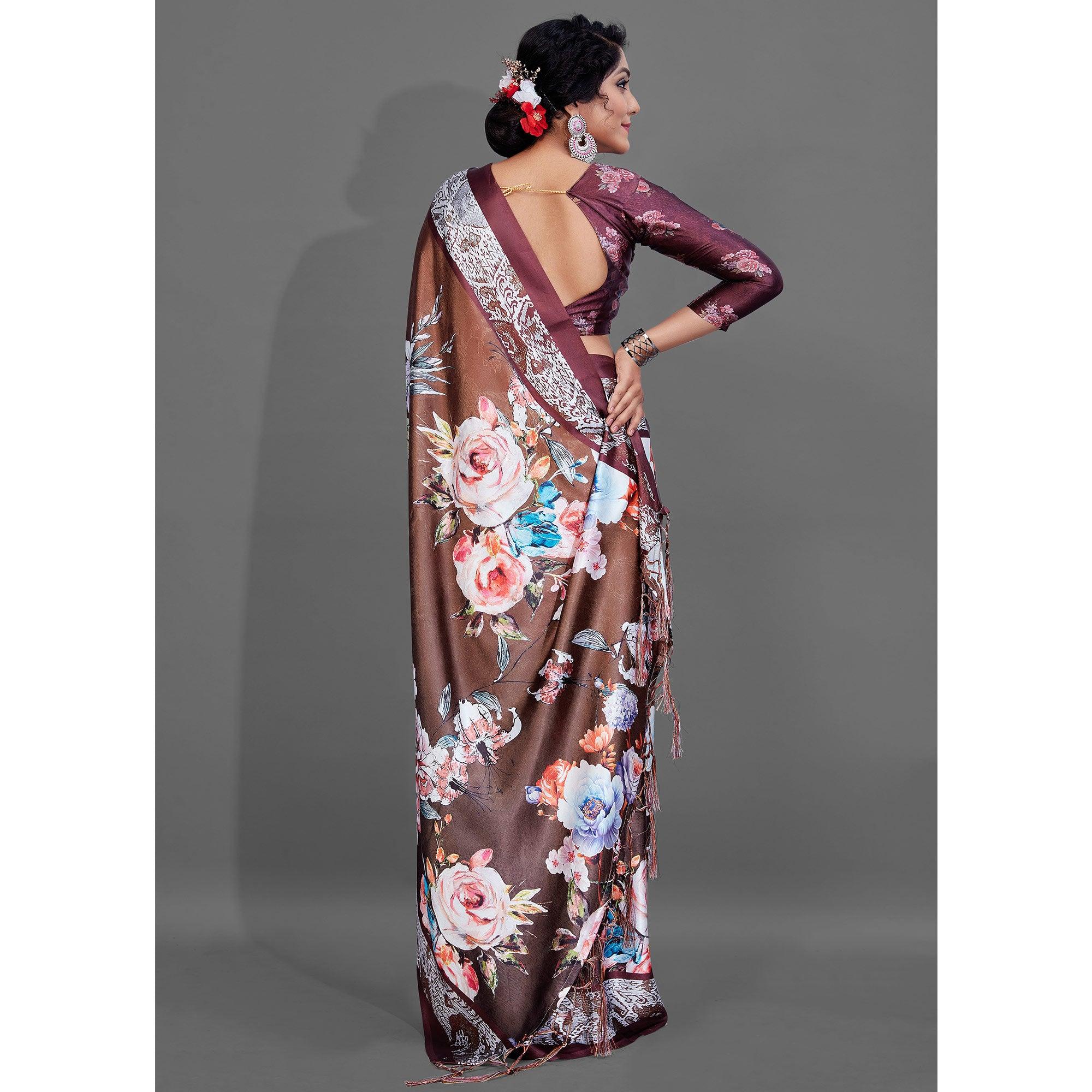 Brown Casual Wear Printed Satin Silk Saree - Peachmode