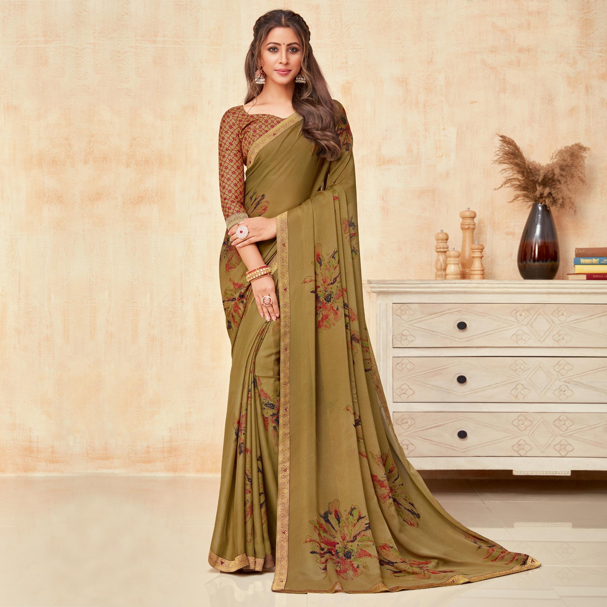 Brown Casual Wear Printed Silk Georgette Saree - Peachmode