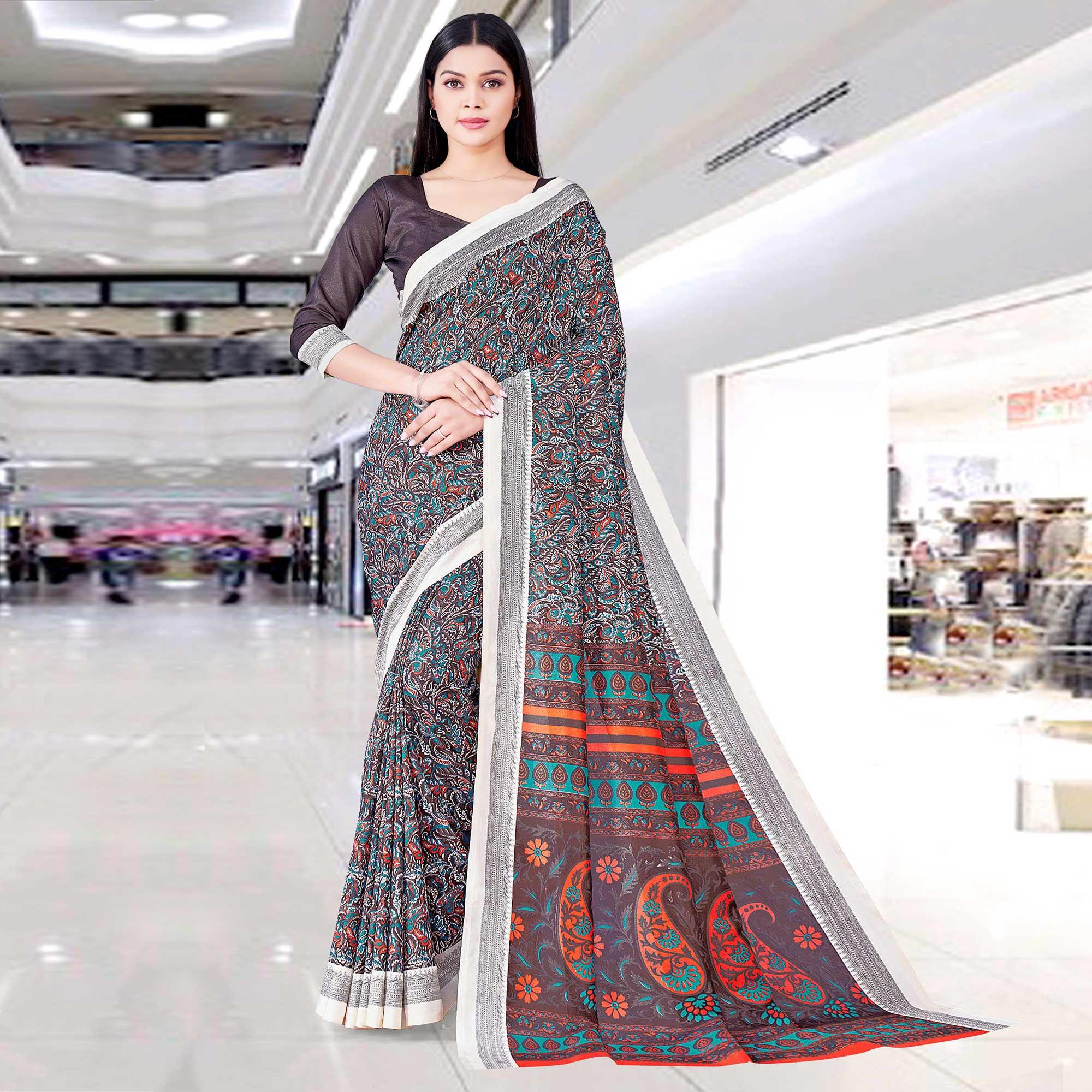 Brown Casual Wear Printed Silk Saree - Peachmode