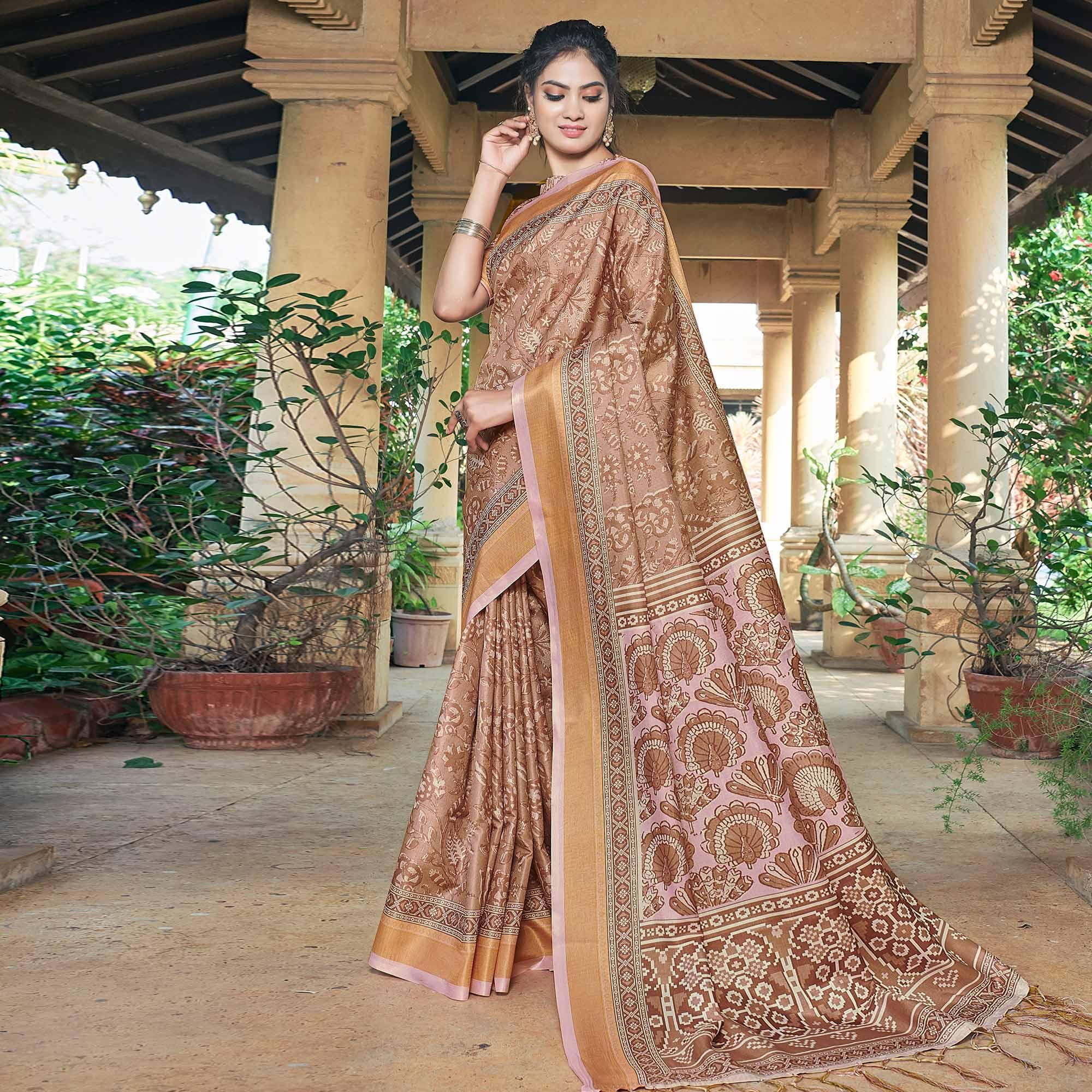 Brown Casual Wear Printed Silk Saree - Peachmode