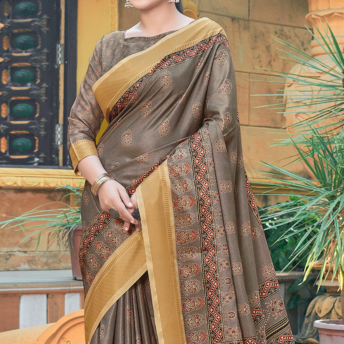 Brown Casual Wear Printed Silk Saree - Peachmode