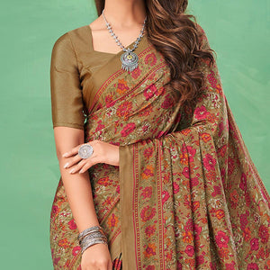 Brown Casual Wear Printed Silk Saree - Peachmode