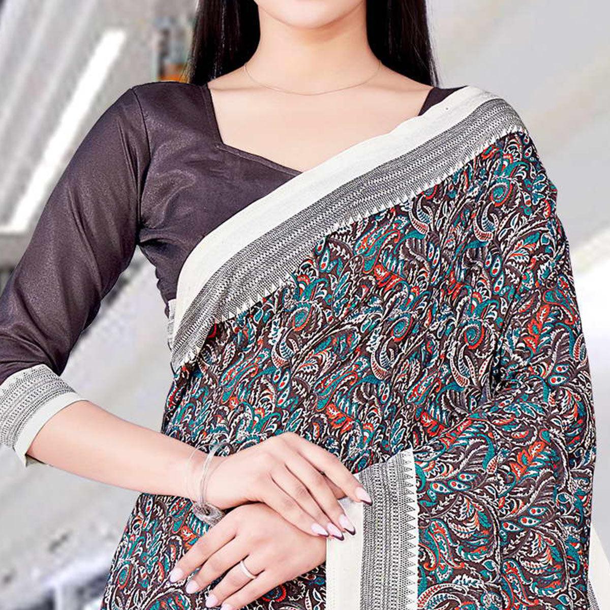 Brown Casual Wear Printed Silk Saree - Peachmode