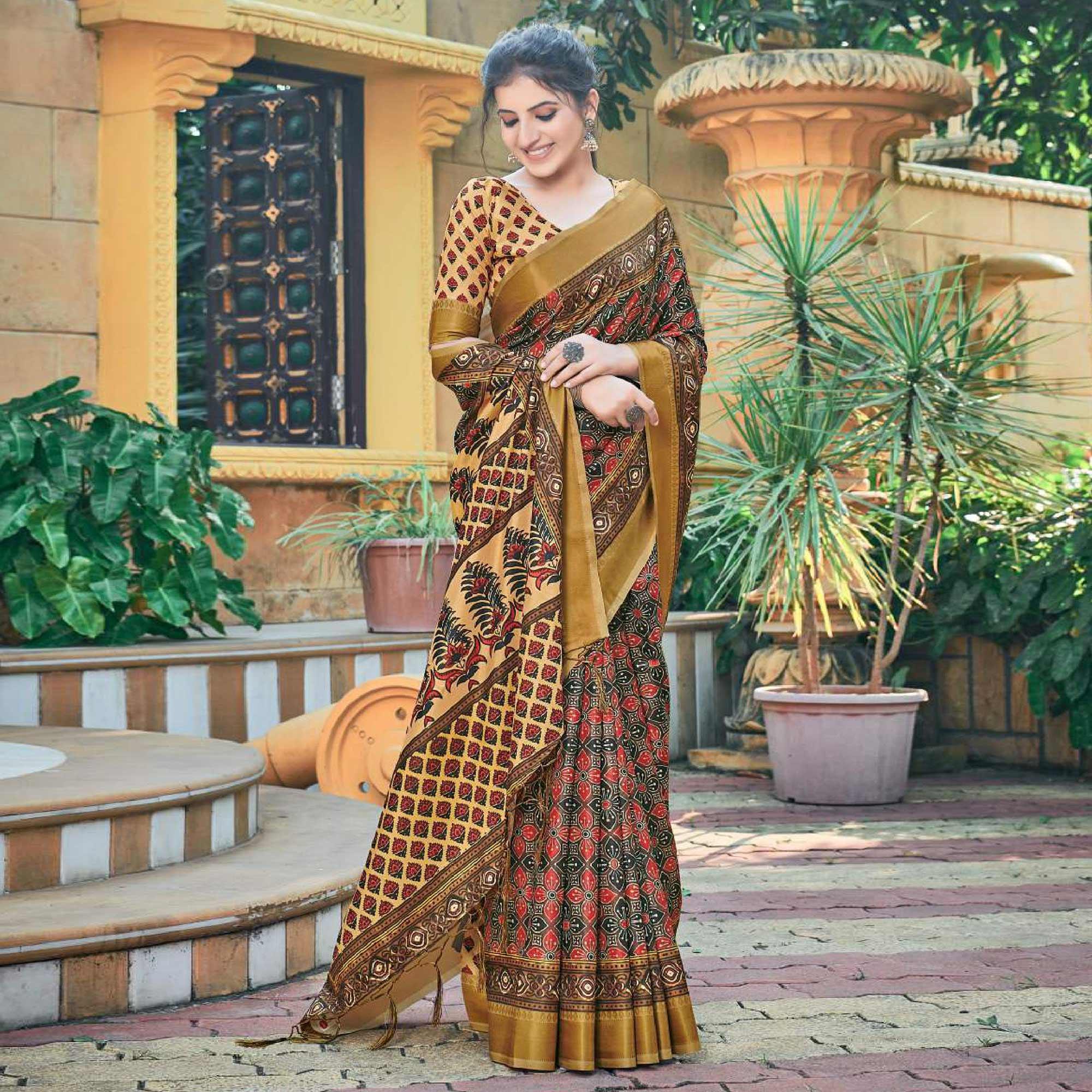 Brown Casual Wear Printed Silk Saree - Peachmode