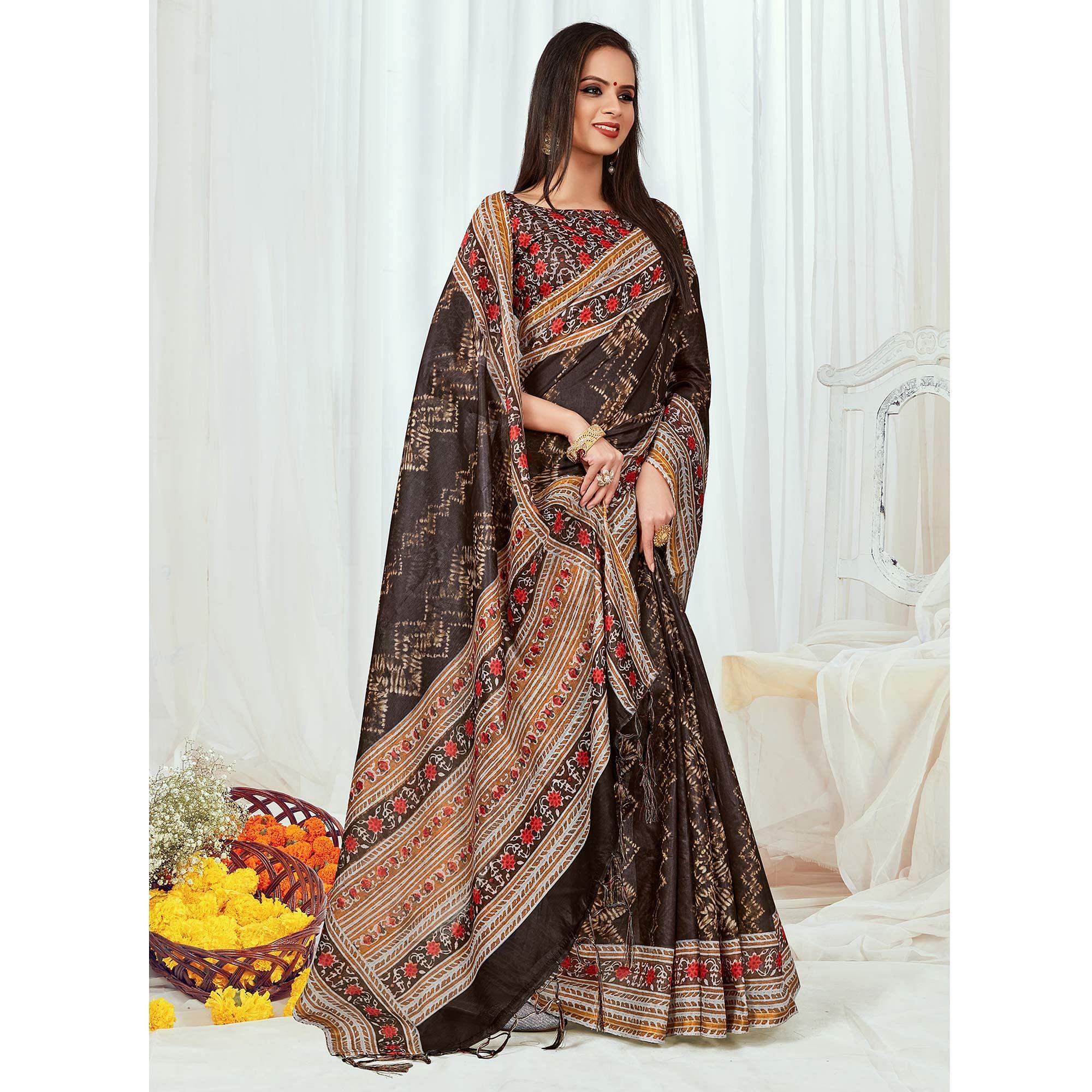 Brown Casual Wear Printed Silk Saree - Peachmode