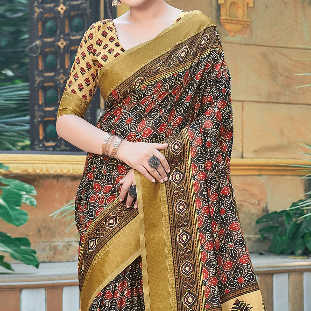 Brown Casual Wear Printed Silk Saree - Peachmode