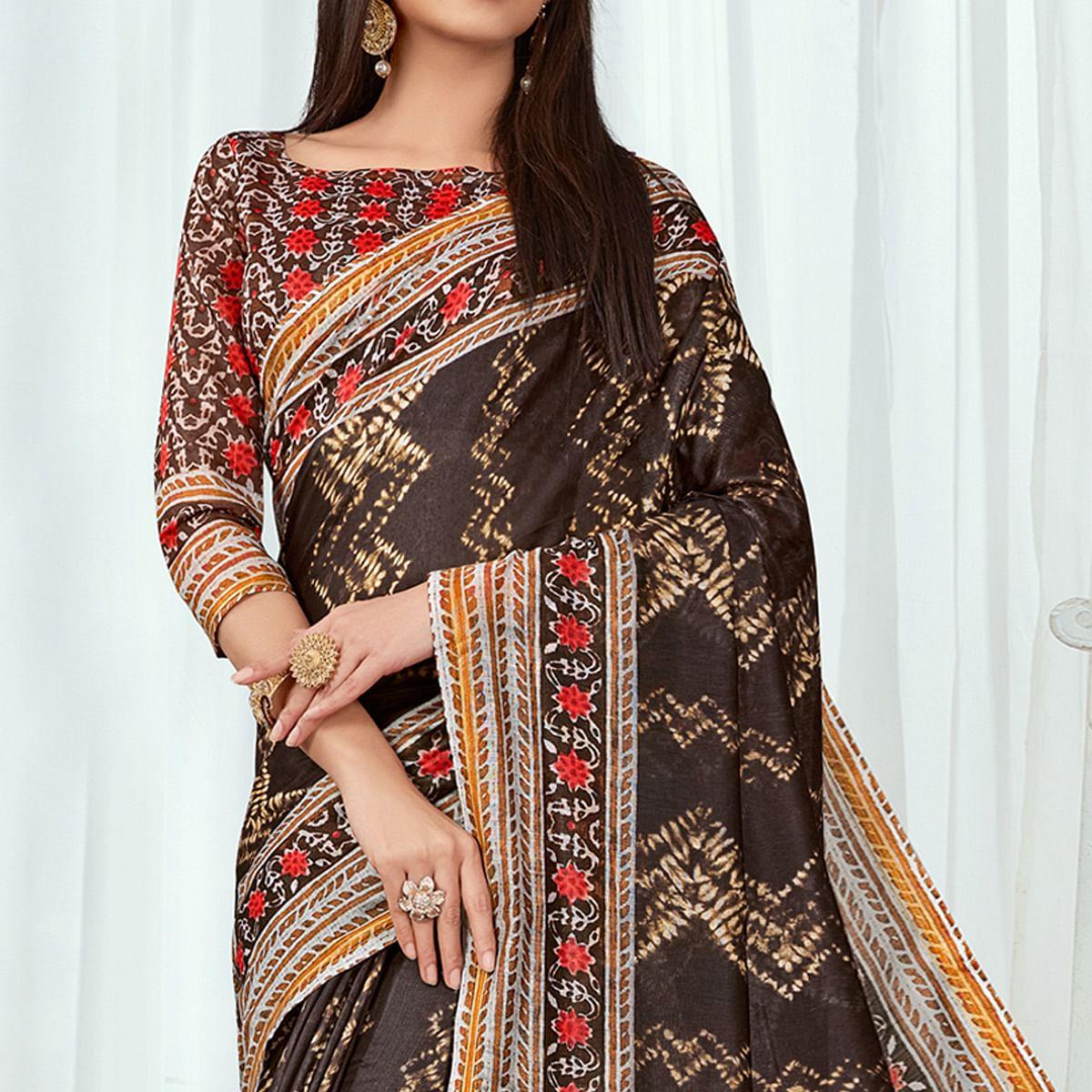 Brown Casual Wear Printed Silk Saree - Peachmode